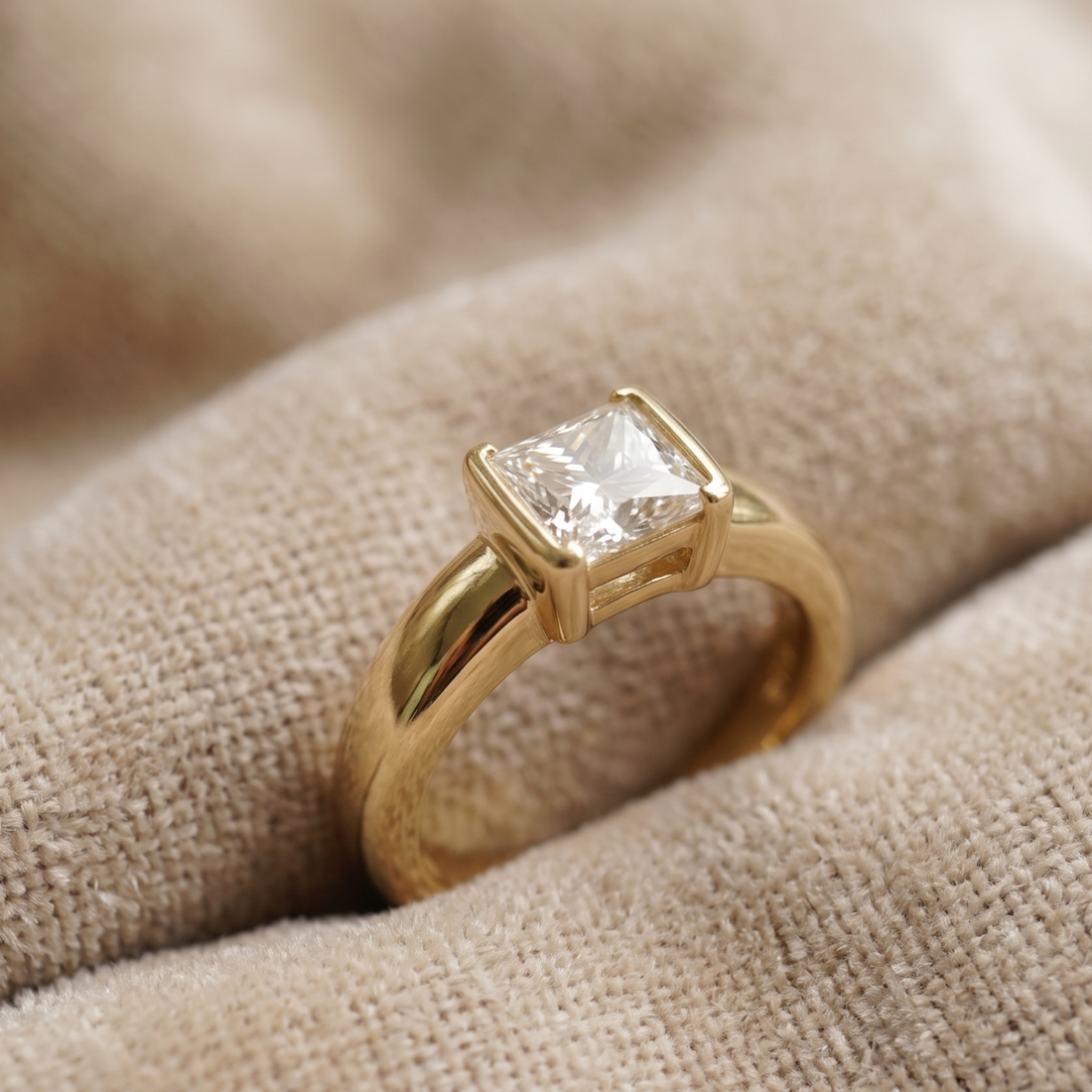 Kiashaa Jewellery 1.93 CT princess-cut solitaire ring in polished yellow gold.