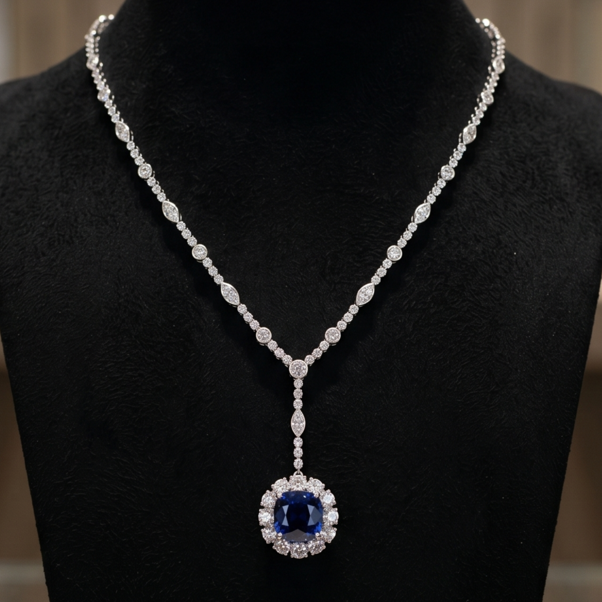 A diamond necklace displayed on a black velvet jewelry bust, featuring a silver-toned chain with a large oval blue sapphire pendant surrounded by a halo of diamonds.