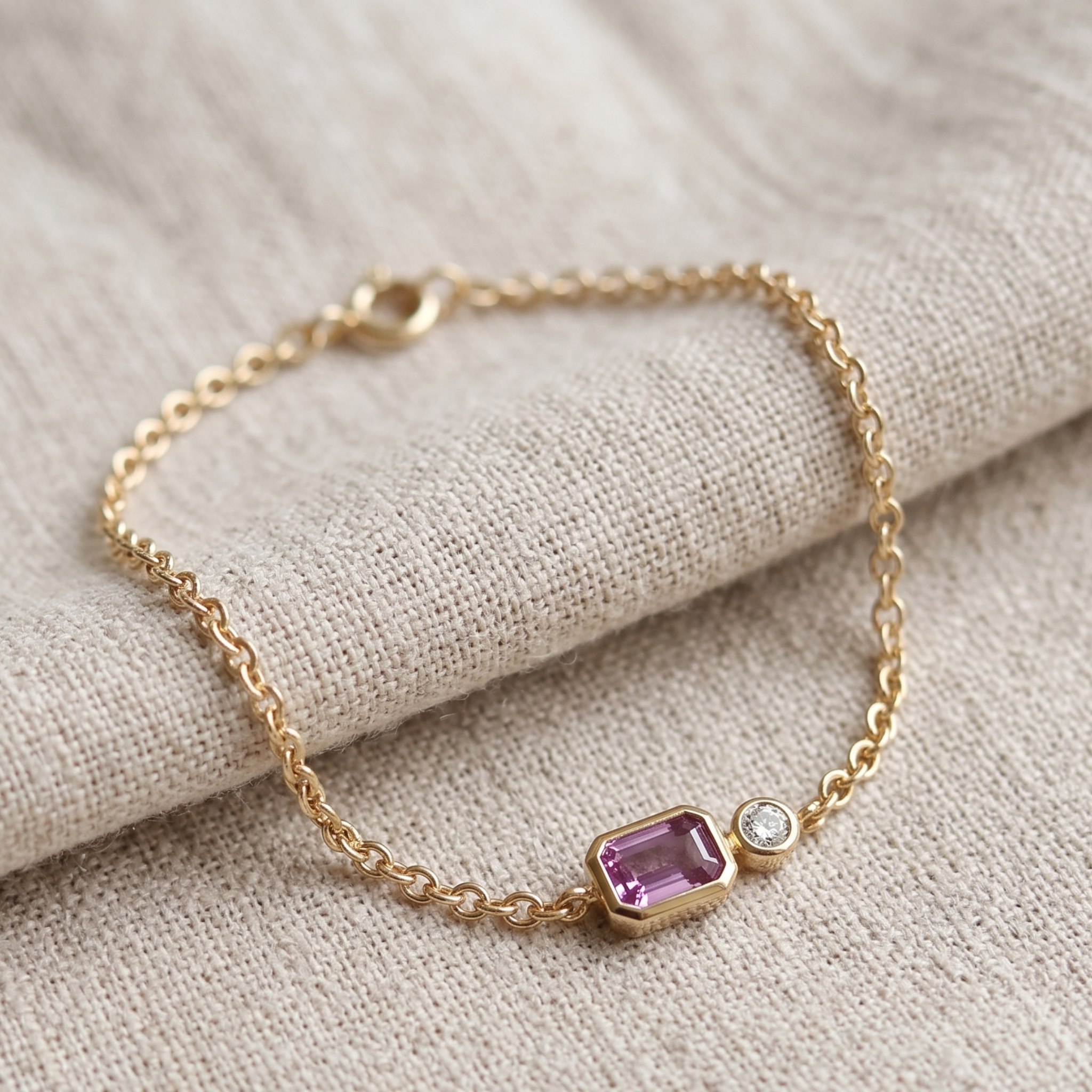 Kiashaa Jewellery 1.14 CTW pink emerald and round diamond bracelet in polished yellow gold.