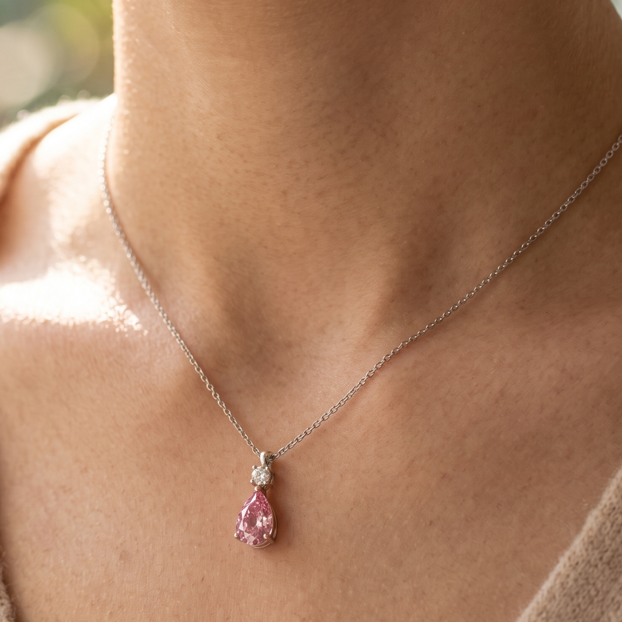 Blush Drop 0.90 CTW pink pear pendant necklace by Kiashaa Jewellery with an 8 × 5 mm pear-shaped center stone.