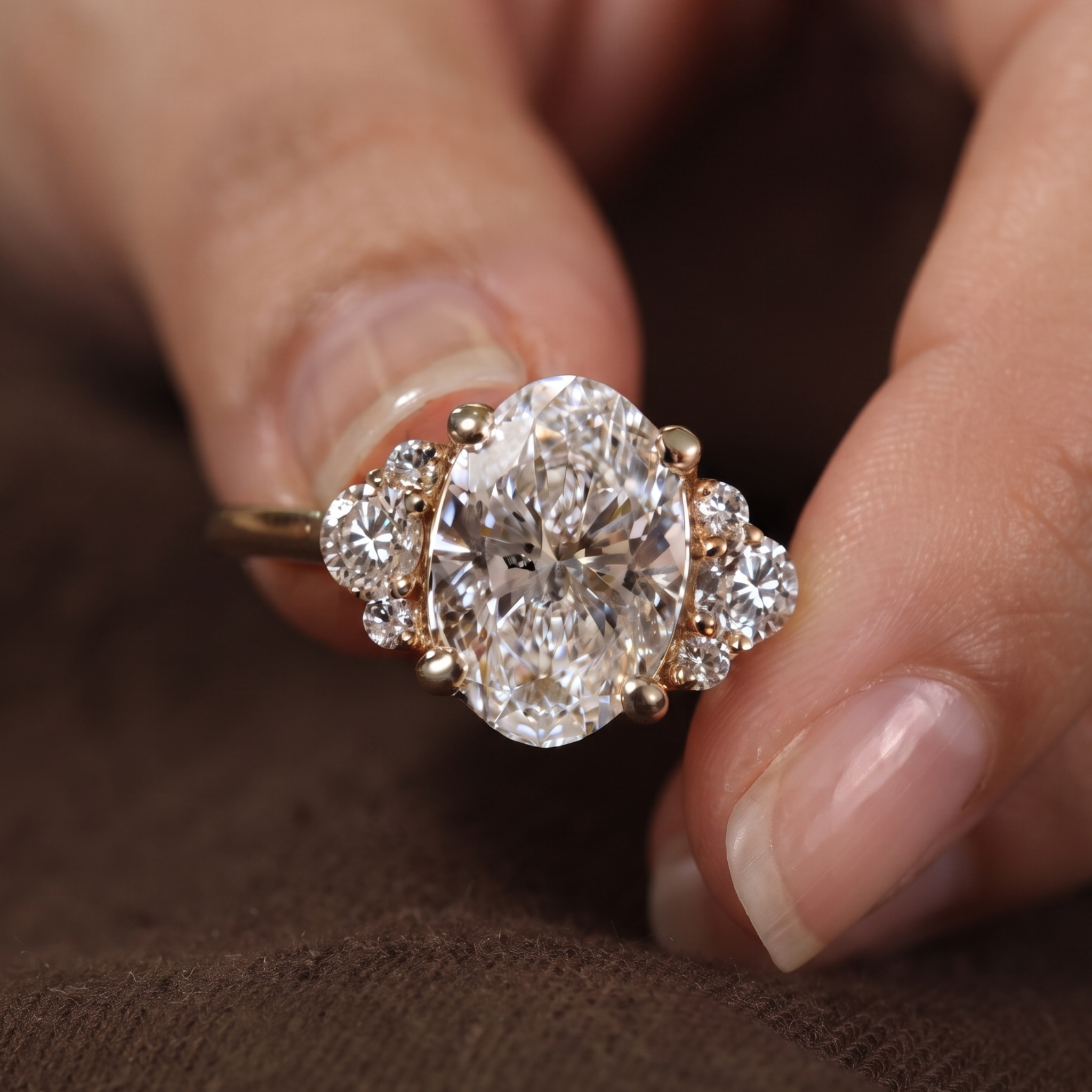 A close-up of a hand holding a yellow gold ring with a large oval-cut diamond center stone and smaller diamond accents on either side, set against a dark brown textured background.