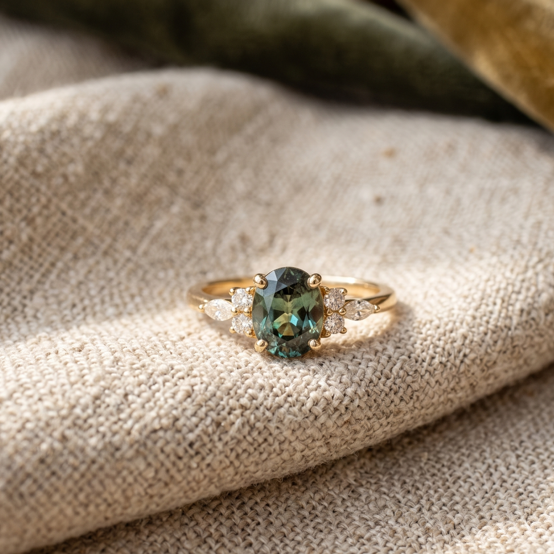 Kiashaa Jewellery 2.664 CTW green oval diamond ring in polished yellow gold.