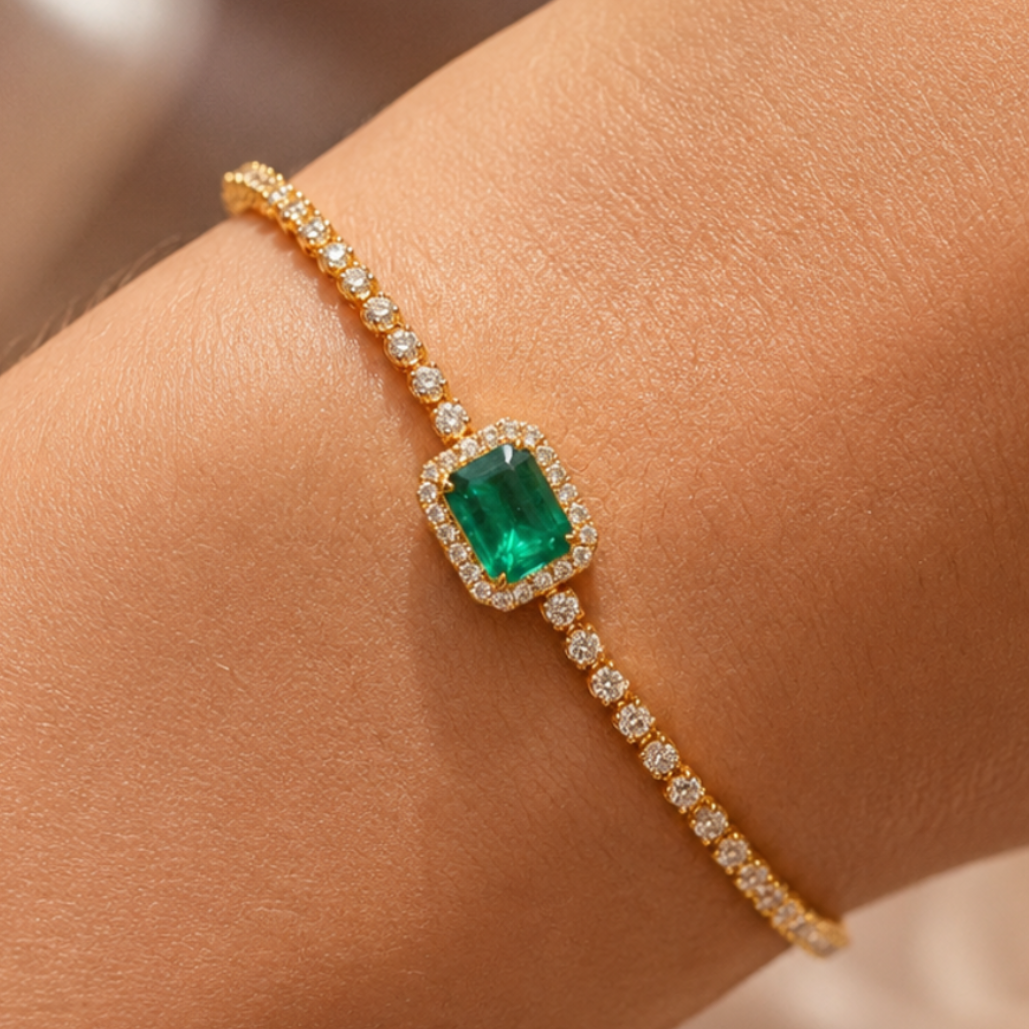 A gold bracelet with a central rectangular green emerald-cut gemstone surrounded by small clear stones, worn on a person's wrist.