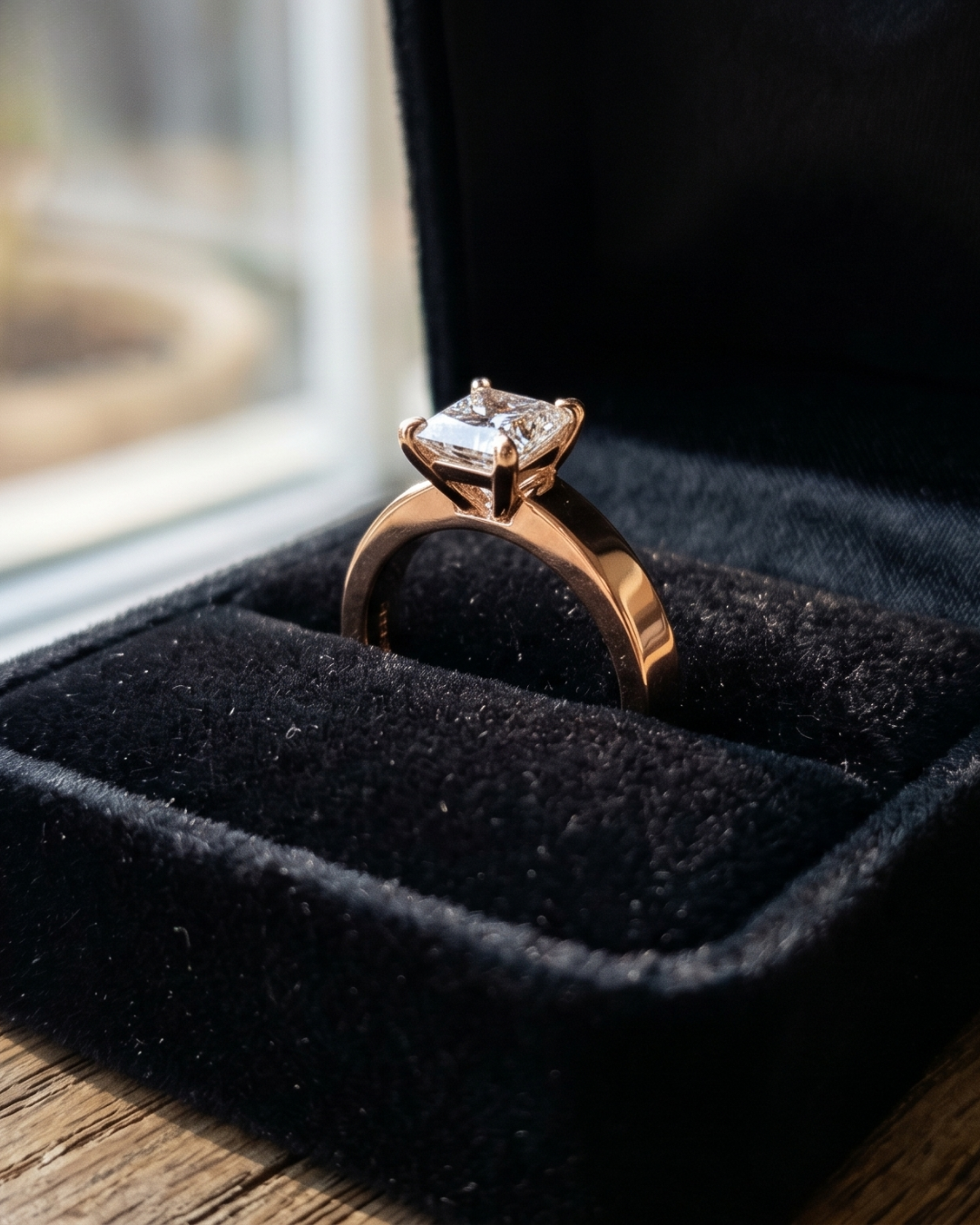Luxury princess and round lab-grown diamond ring by Kiashaa Jewellery in rose gold for proposals and weddings.