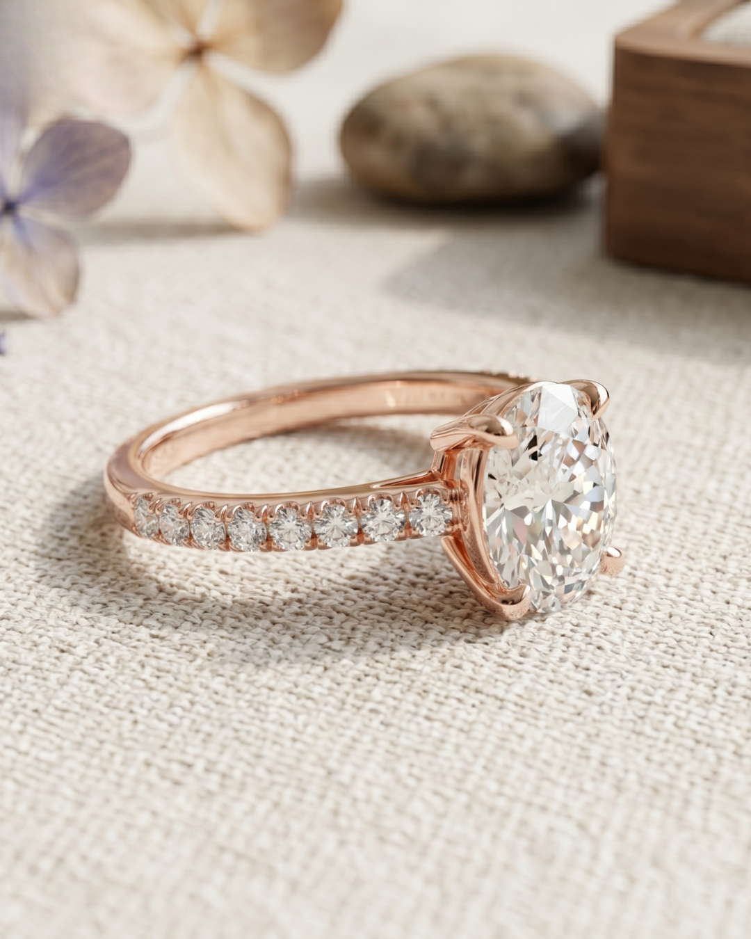 Luxury oval and round lab-grown diamond ring by Kiashaa Jewellery in rose gold for engagements and gifting.