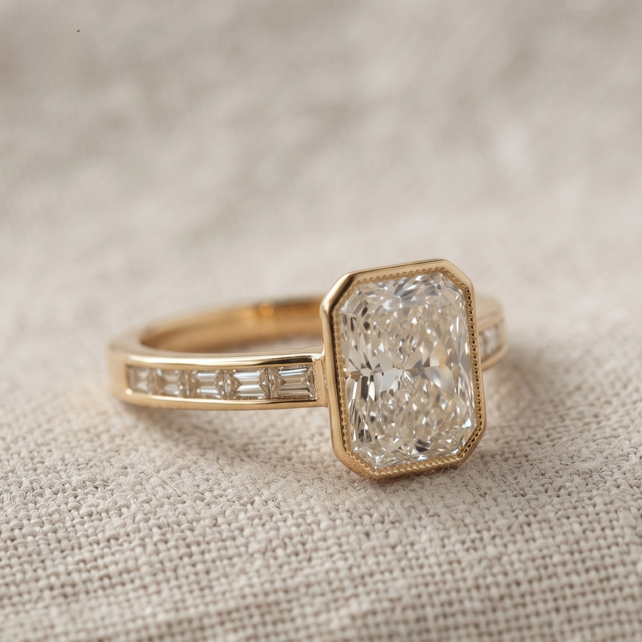 Kiashaa Jewellery 2.89 CTW radiant and baguette diamond ring in polished yellow gold.