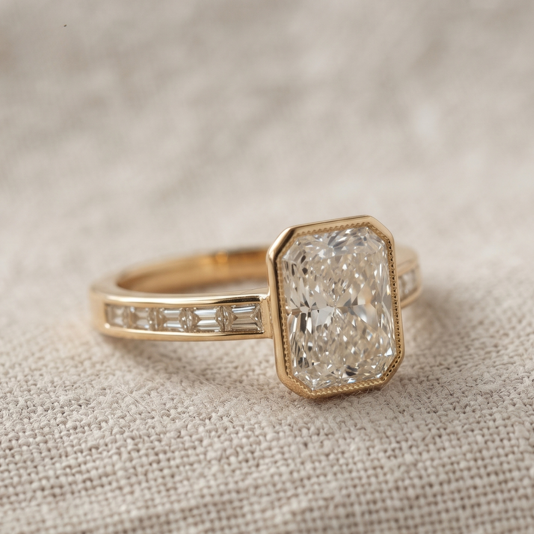 Kiashaa Jewellery 2.89 CTW radiant and baguette diamond ring in polished yellow gold.