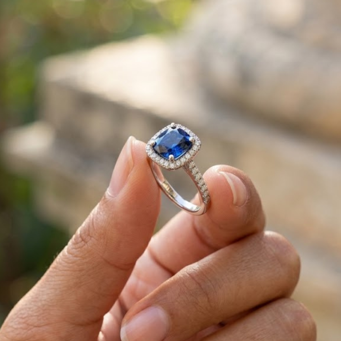A silver ring with a cushion-cut blue sapphire center stone and a halo of small diamonds, held between fingers against a blurred outdoor stone background.