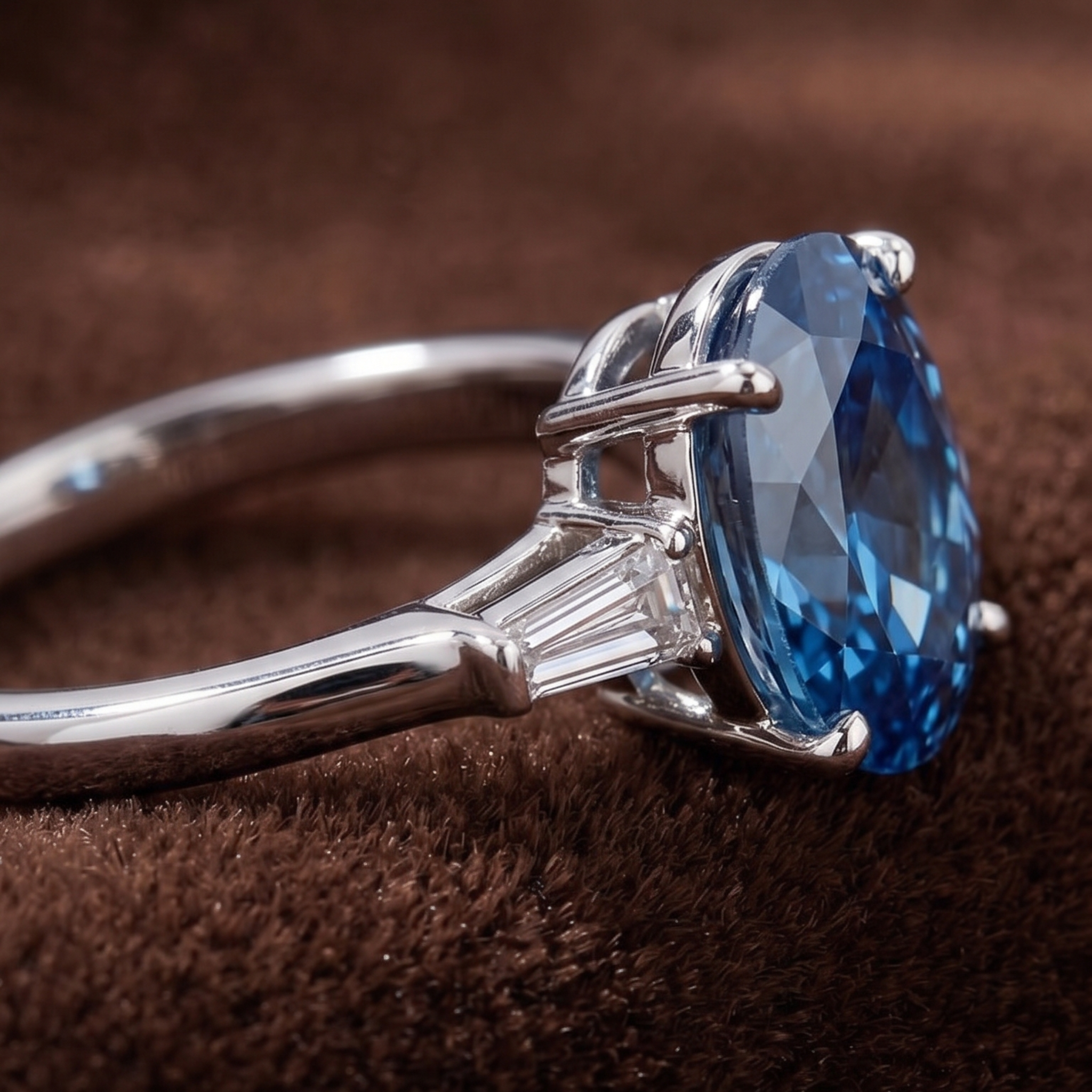 A silver-toned ring featuring a large oval-cut blue gemstone in a prong setting, with smaller baguette side stones, photographed close-up on a textured brown surface.
