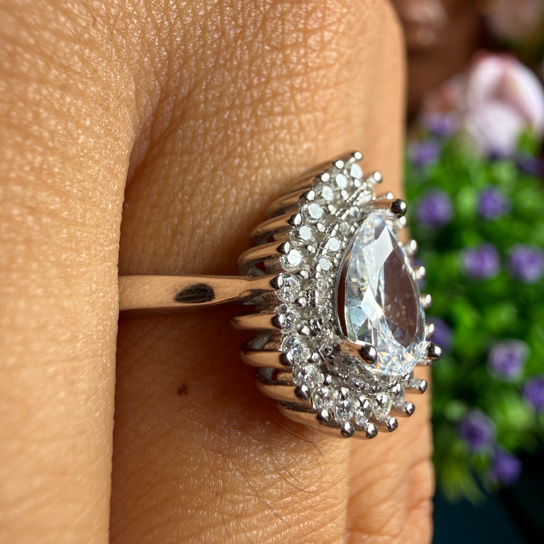 Pear halo lab-grown diamond engagement ring in white gold by Kiashaa Jewellery.