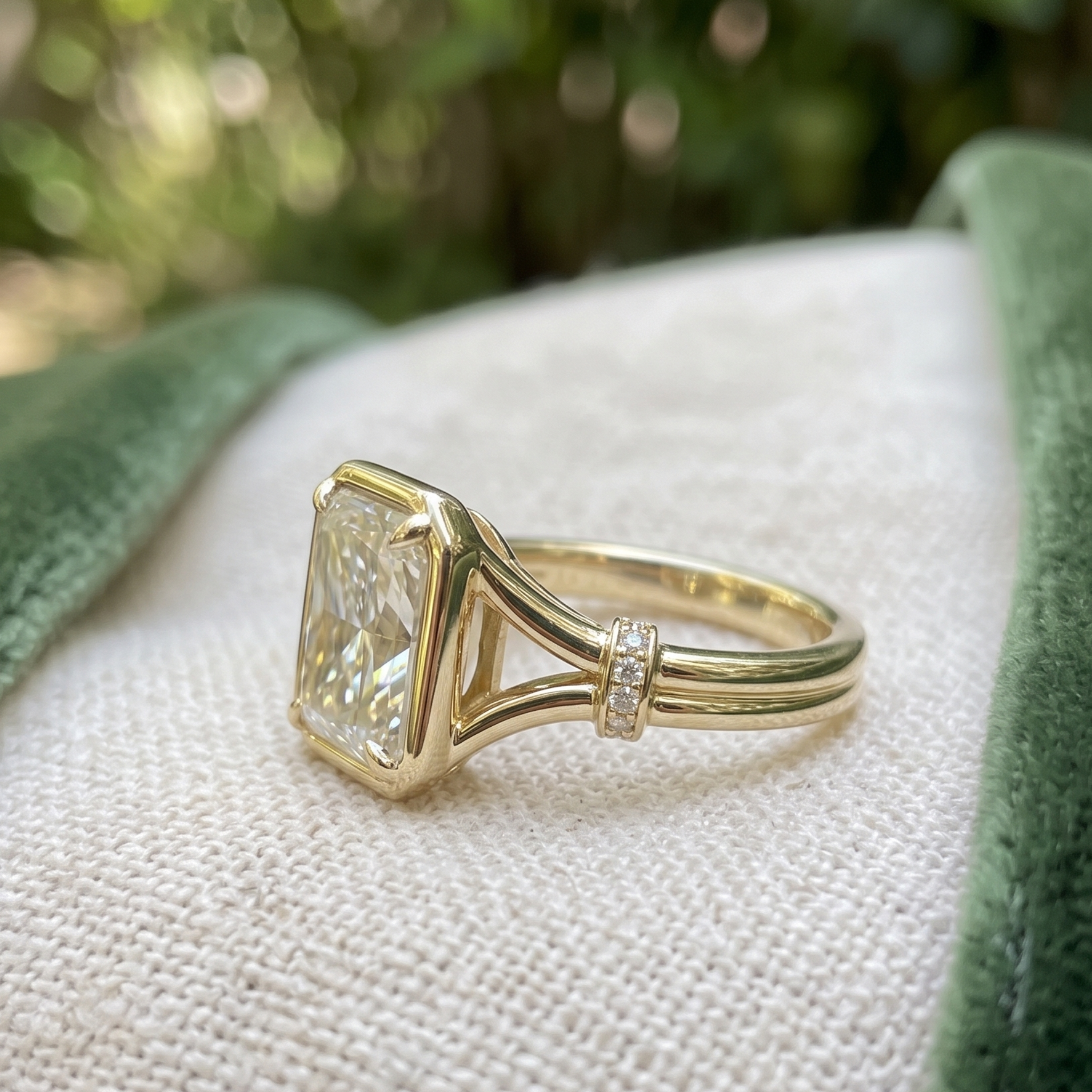 Regal Arc 2.12 CTW radiant diamond ring by Kiashaa Jewellery in polished yellow gold.