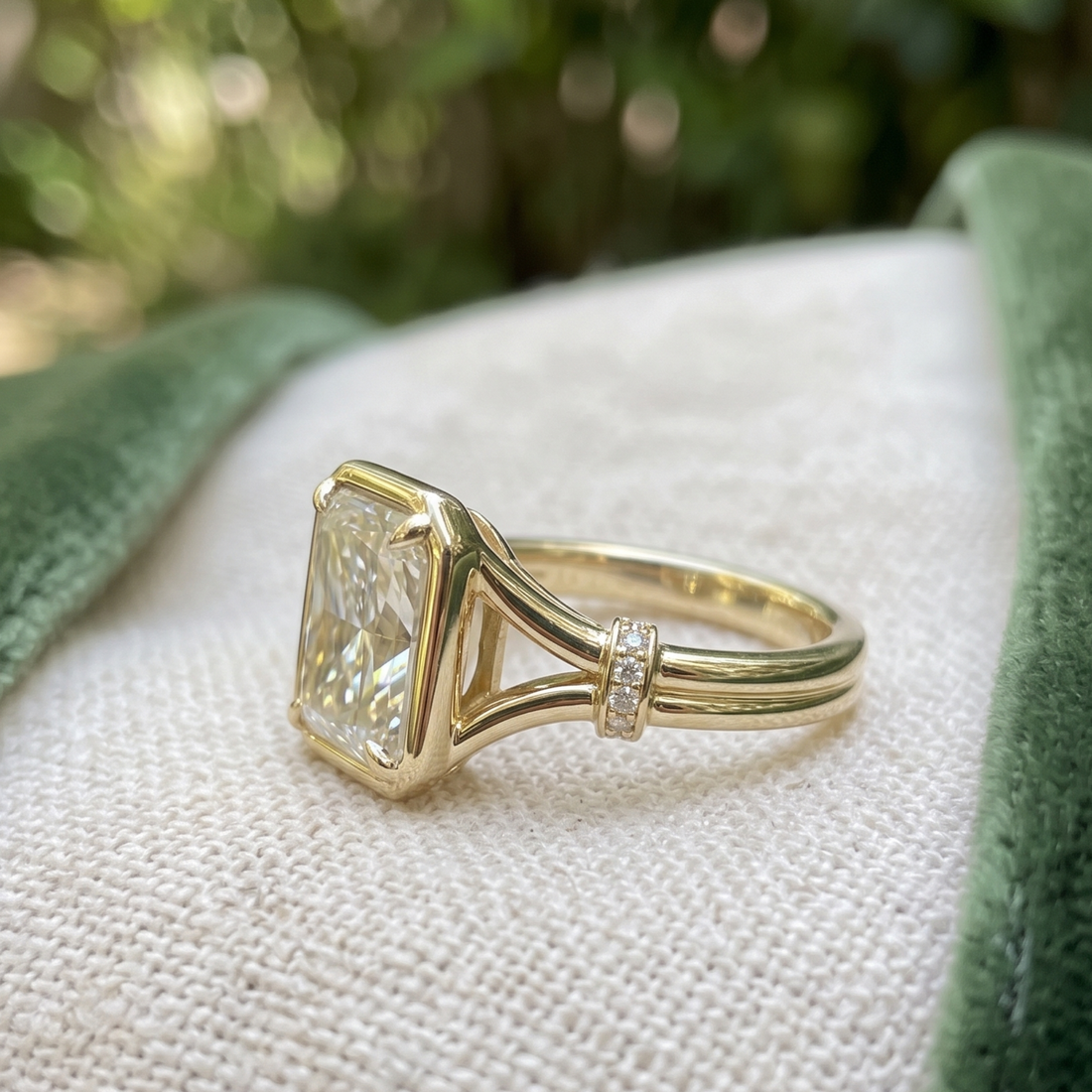Regal Arc 2.12 CTW radiant diamond ring by Kiashaa Jewellery in polished yellow gold.