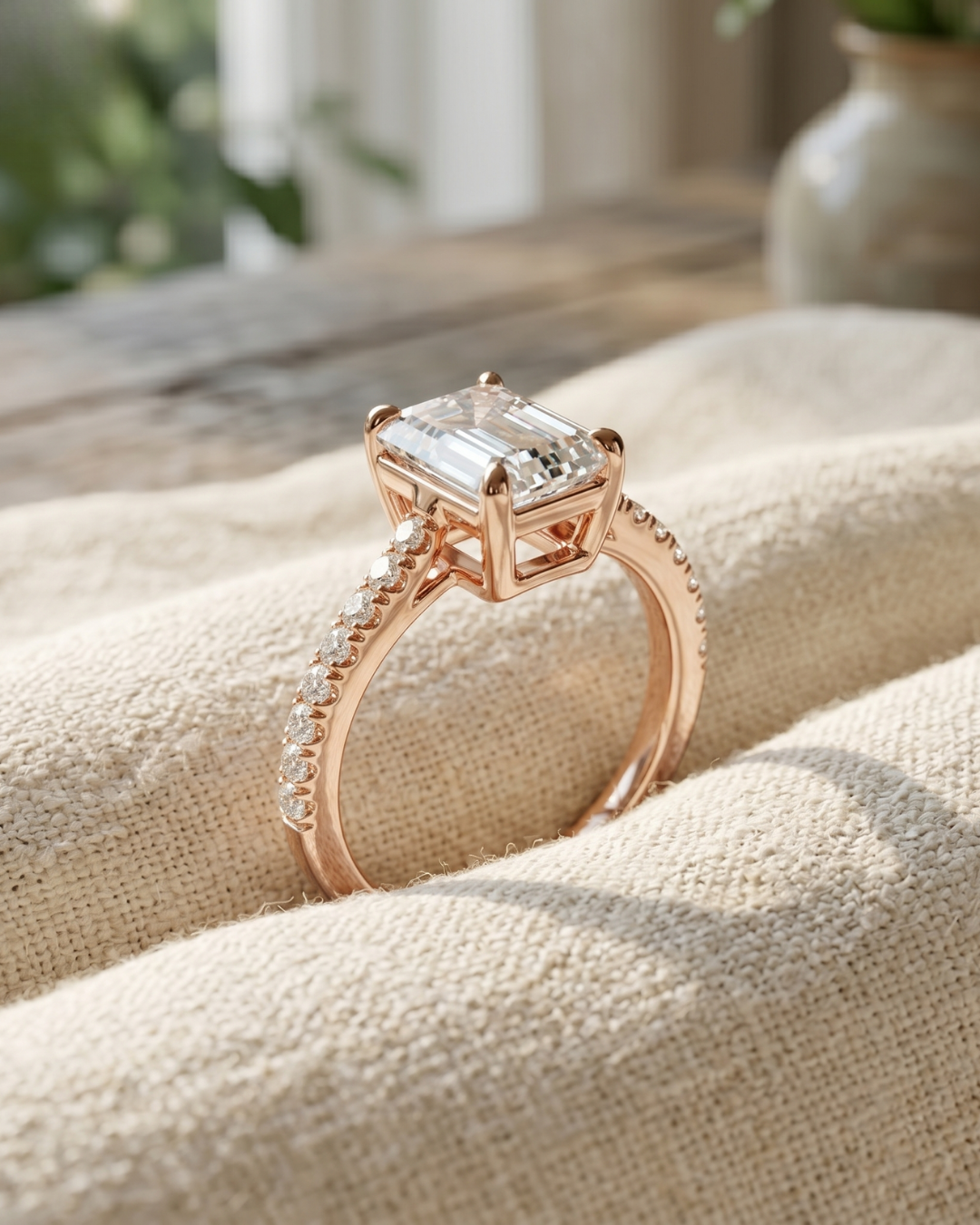 Ladies emerald-cut diamond ring in rose gold with sparkling round diamond band.