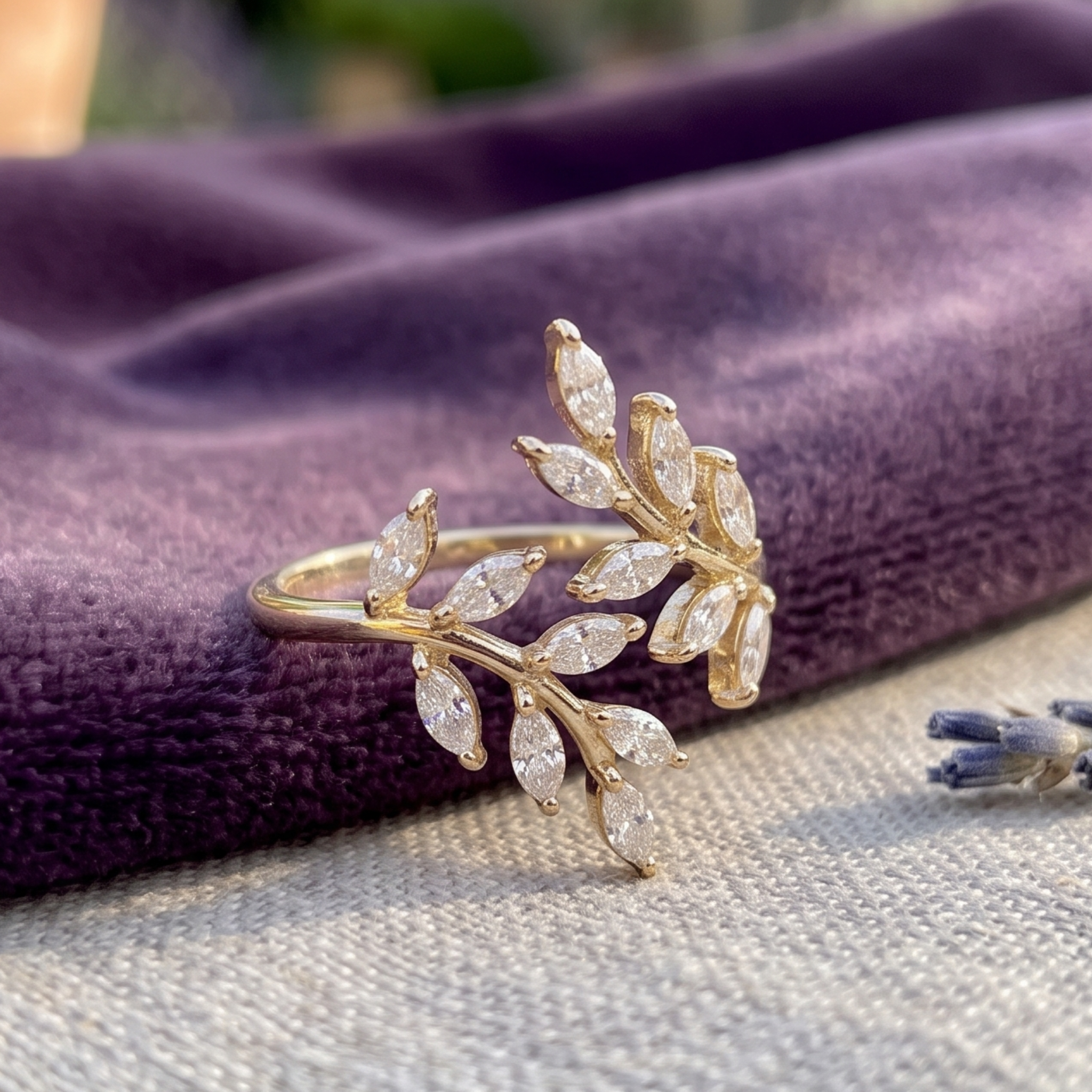 Kiashaa Jewellery 1.12 CTW marquise diamond leaf ring in polished yellow gold.
