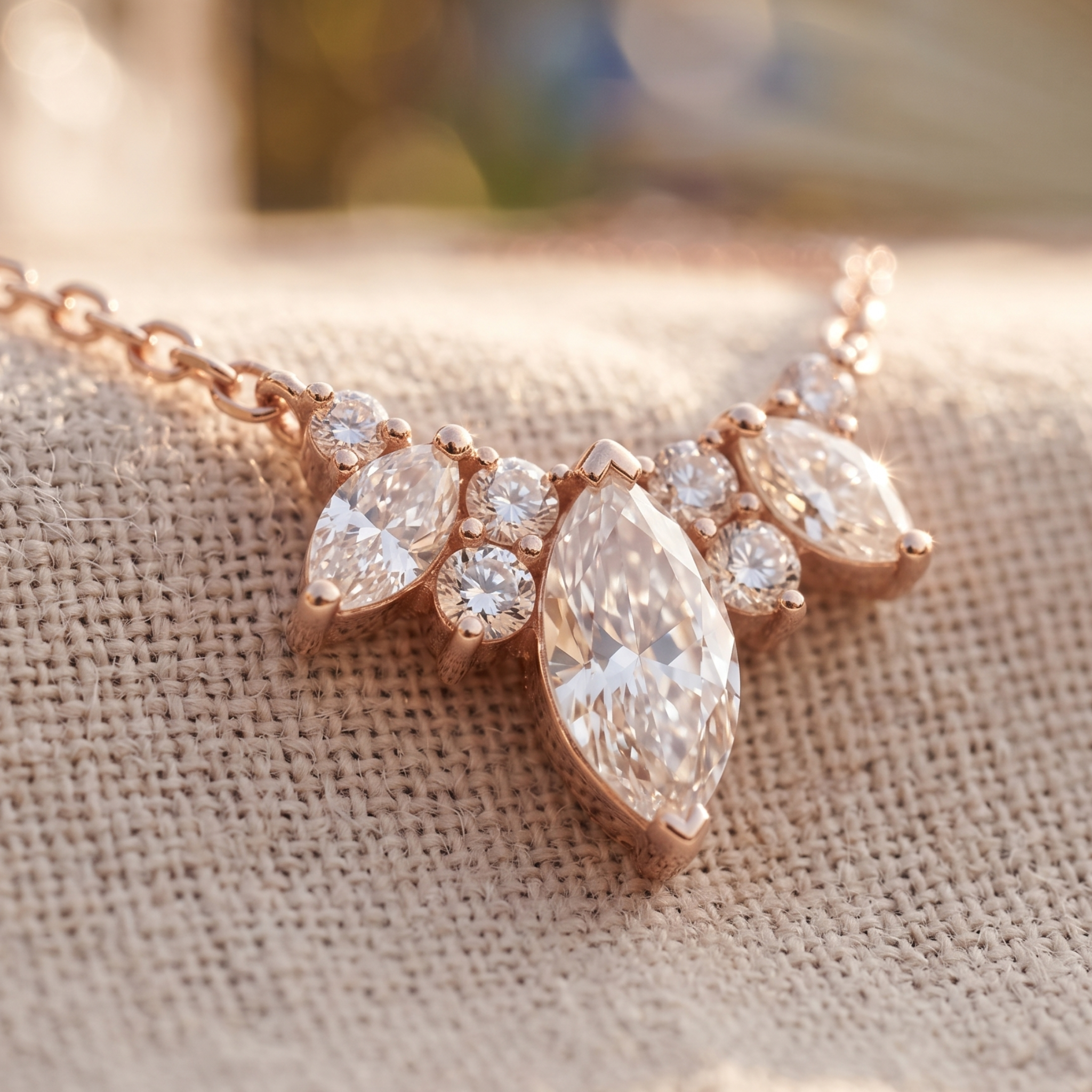 Kiashaa Jewellery 1.03 CTW marquise and round diamond cluster necklace in rose gold.