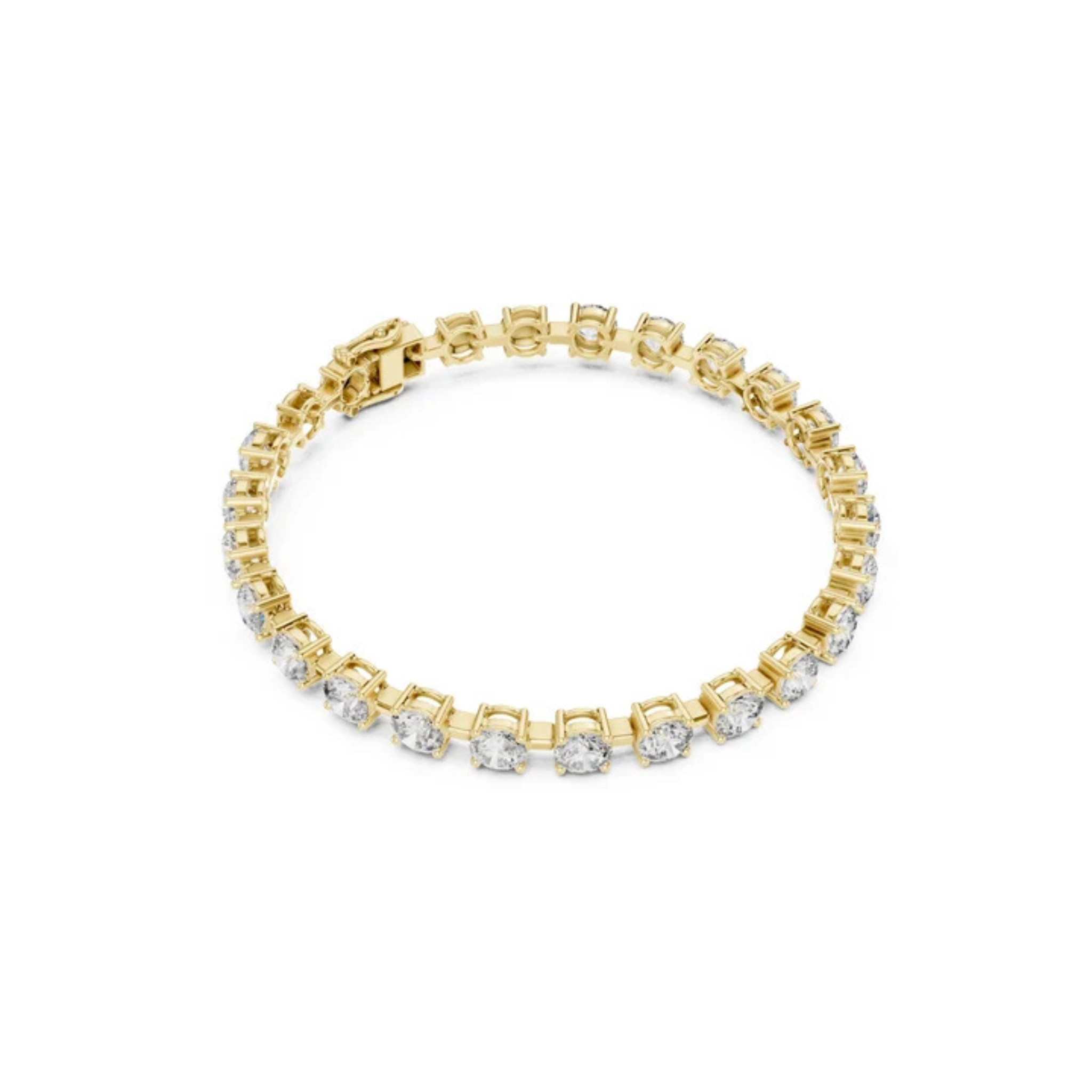 A gold tennis bracelet featuring round-cut clear gemstones in a prong setting, displayed on a clean white background.