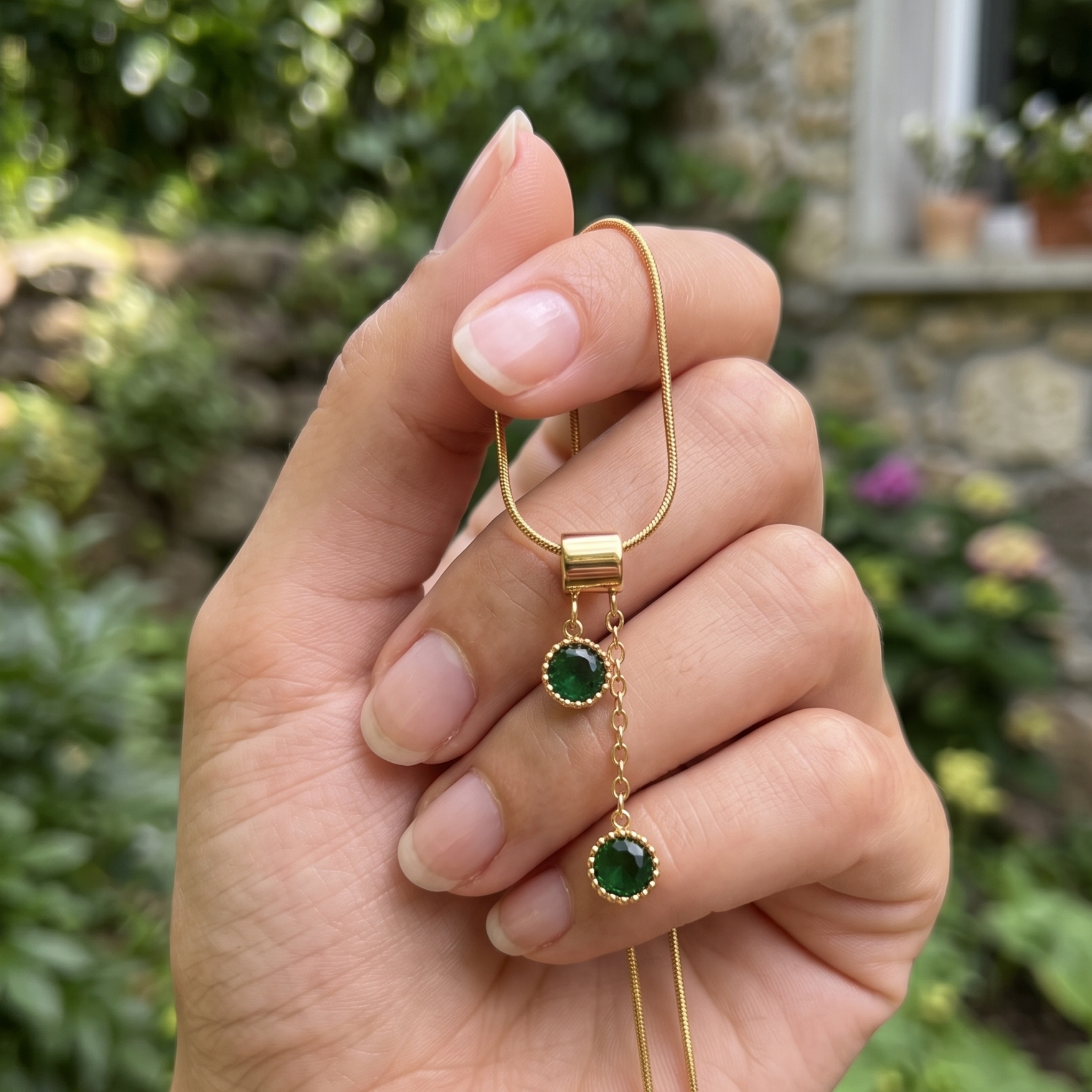  1.50 CTW green round gemstone drop necklace in polished yellow gold.