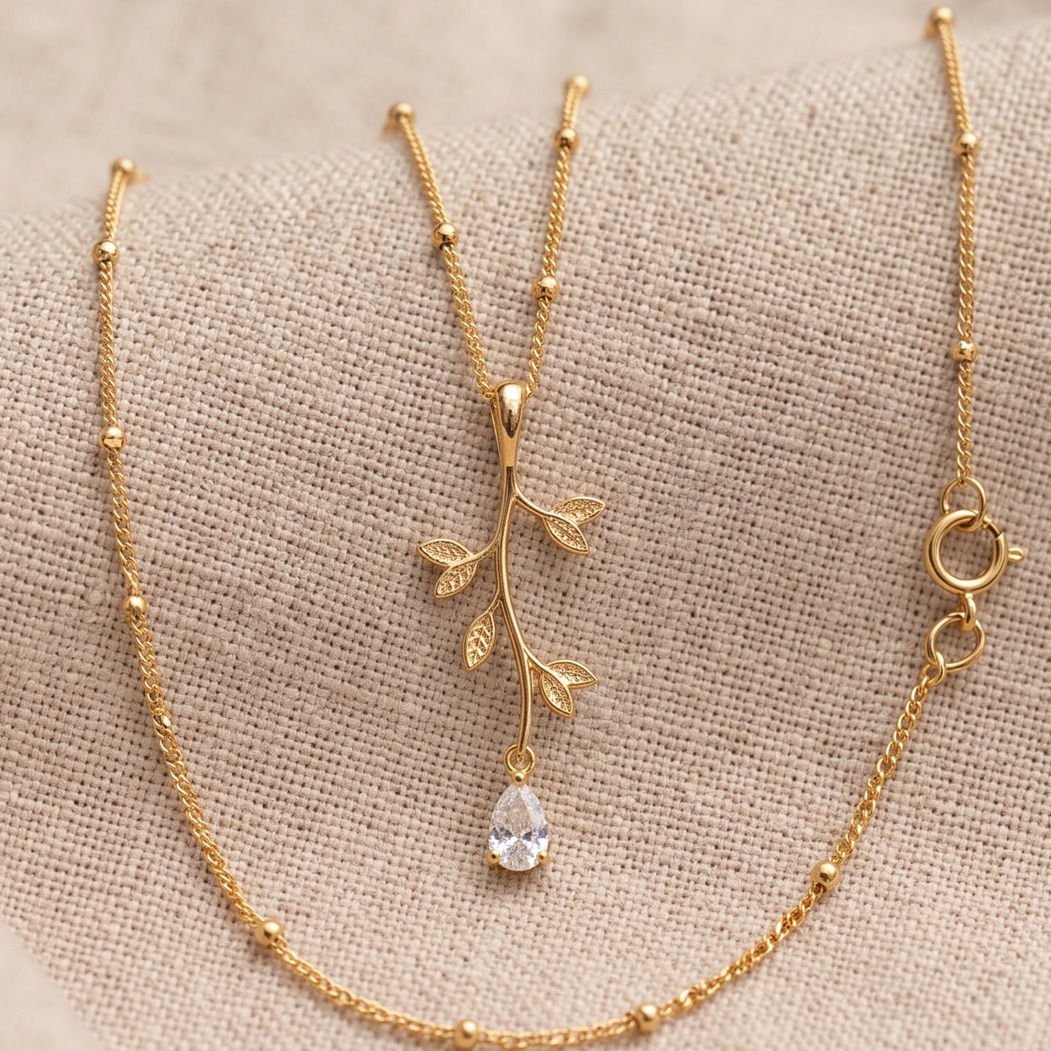 Kiashaa Jewellery 0.39 CT pear diamond leaf pendant necklace in polished yellow gold.