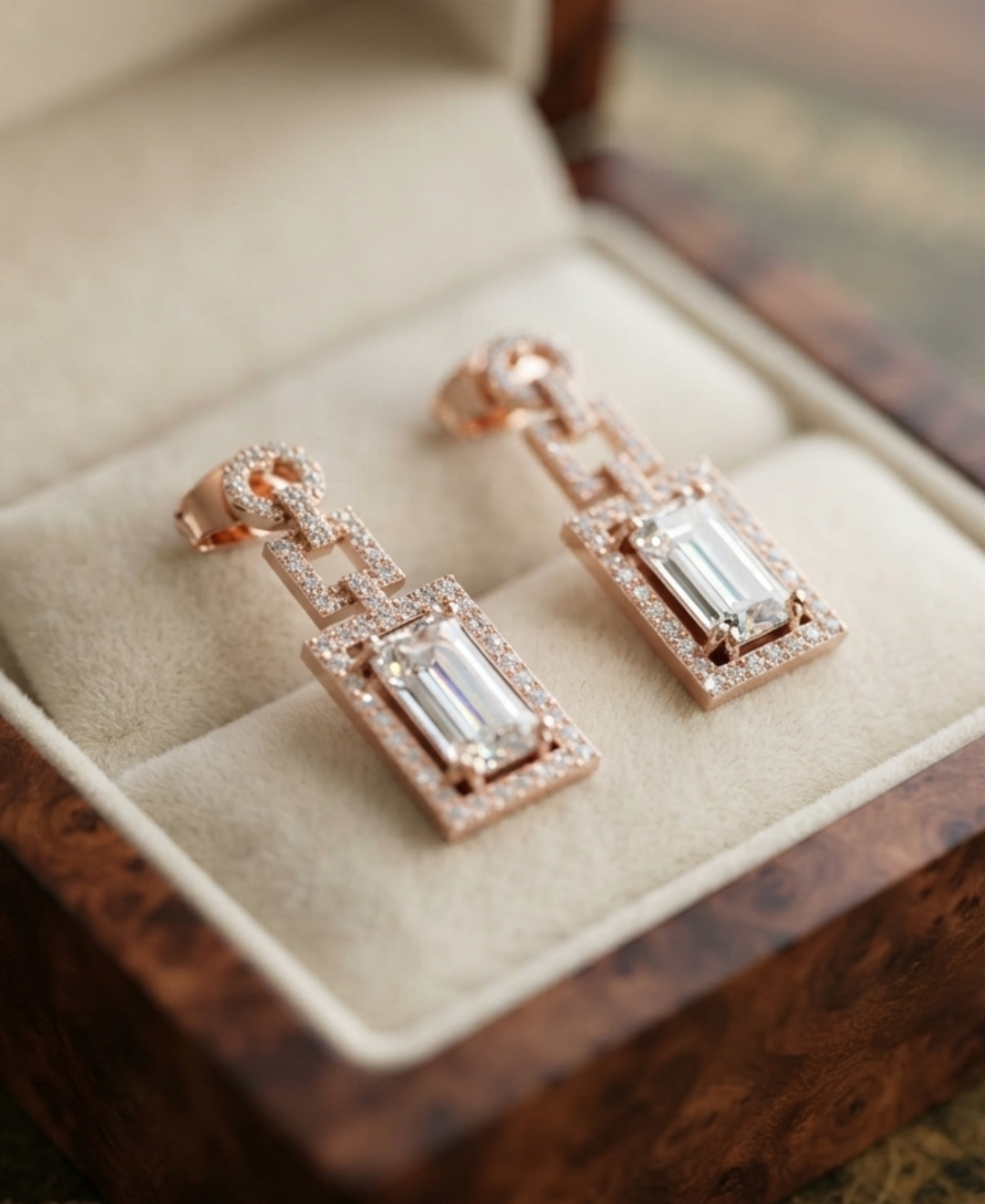 Matching pair of 1.958 CTW lab-grown diamond earrings displayed inside a luxury jewellery box.