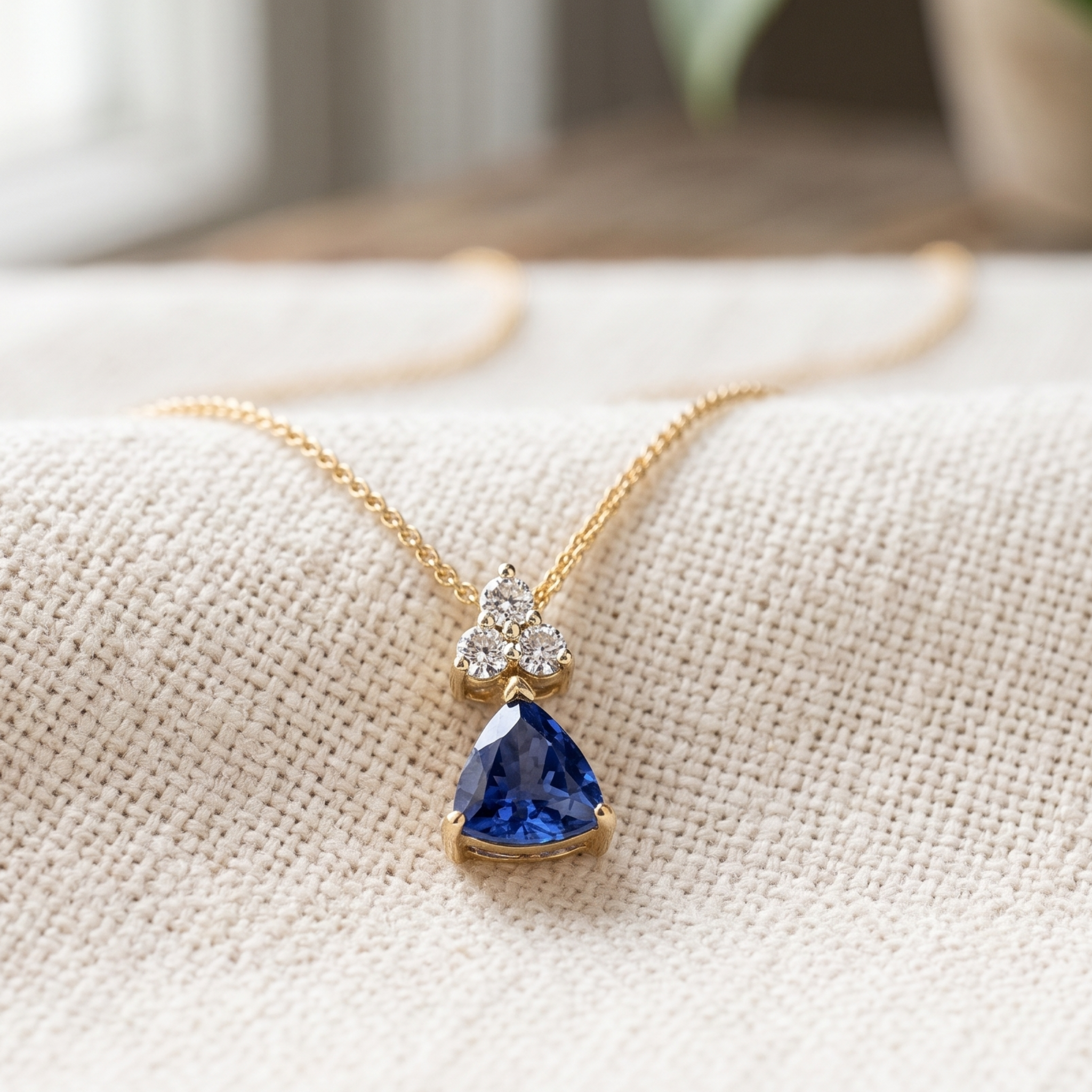 0.96 CTW blue trillion pendant necklace with a 6 mm center stone and three round diamond accents.