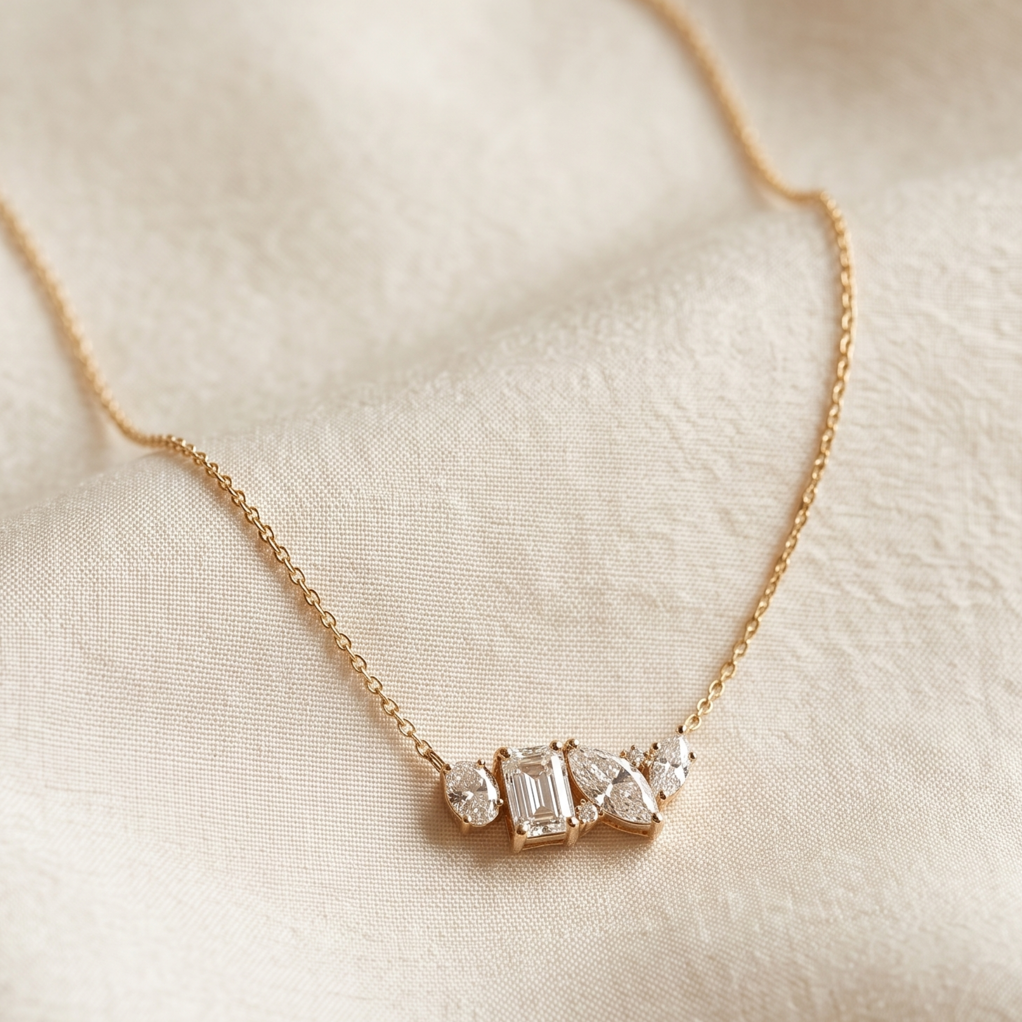 Kiashaa Jewellery 2.25 CTW multi-shape diamond cluster necklace in polished yellow gold.