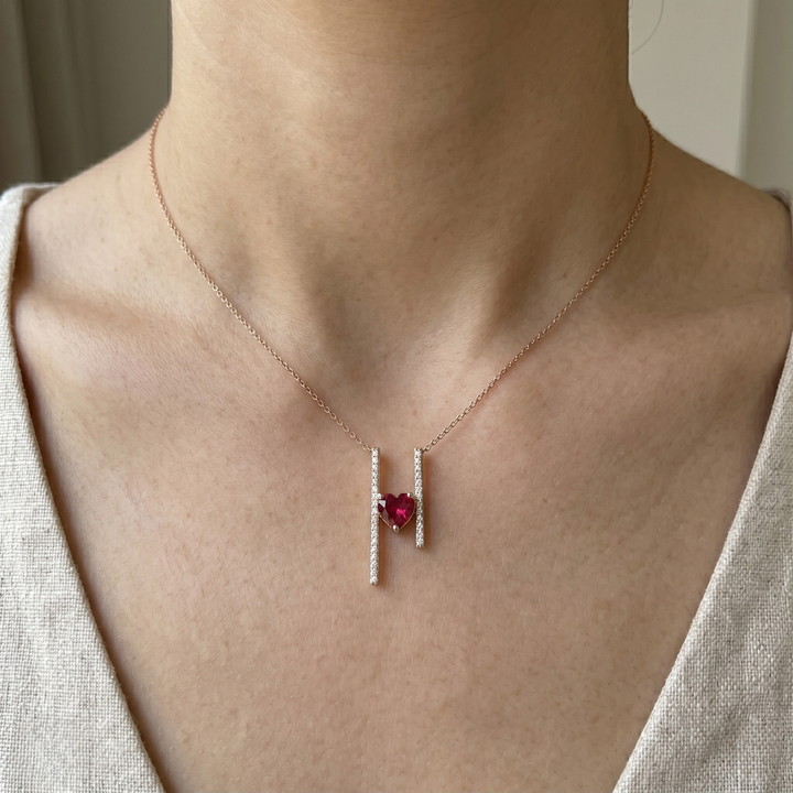 Red heart gemstone and lab-grown diamond pendant necklace by Kiashaa Jewellery in rose gold.
