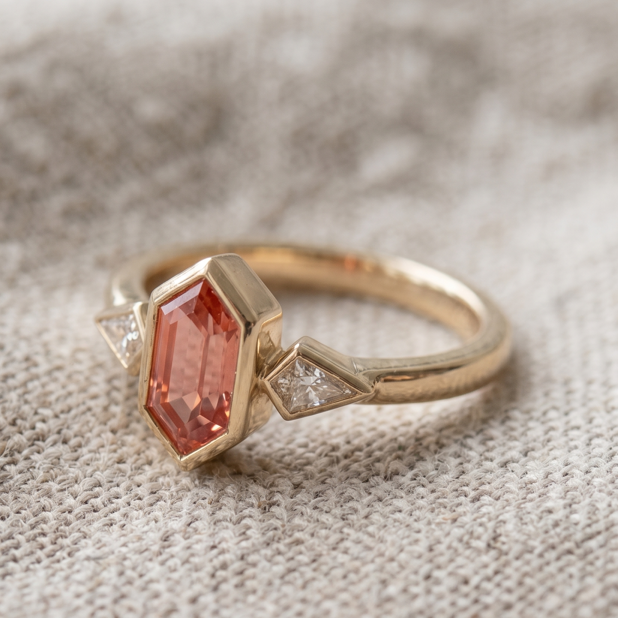 Kiashaa Jewellery 3 CTW pink geometric three-stone ring in polished yellow gold.