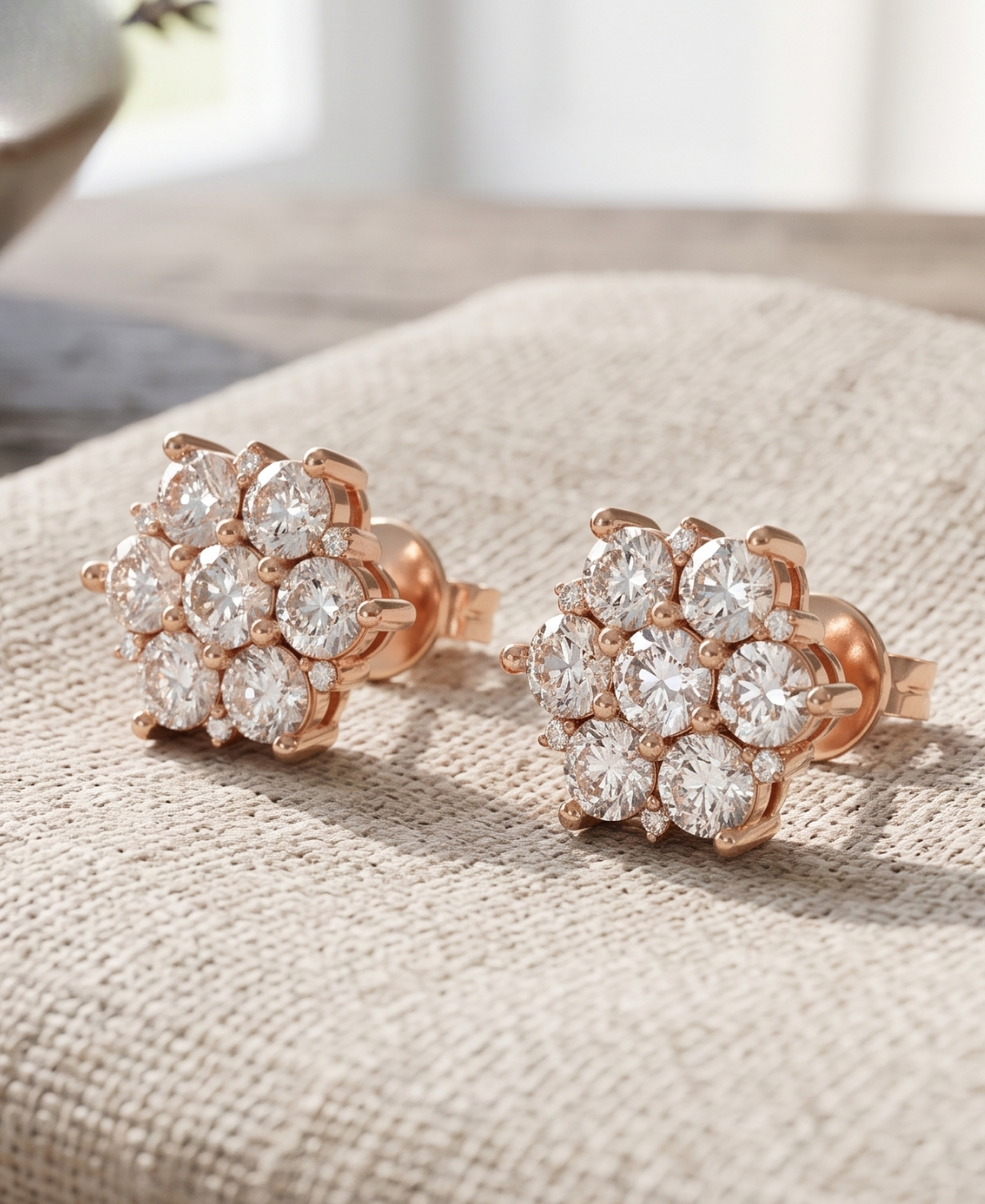 Luxury 2.64 CTW floral diamond stud earrings by Kiashaa Jewellery in rose gold for weddings and bridal wear.