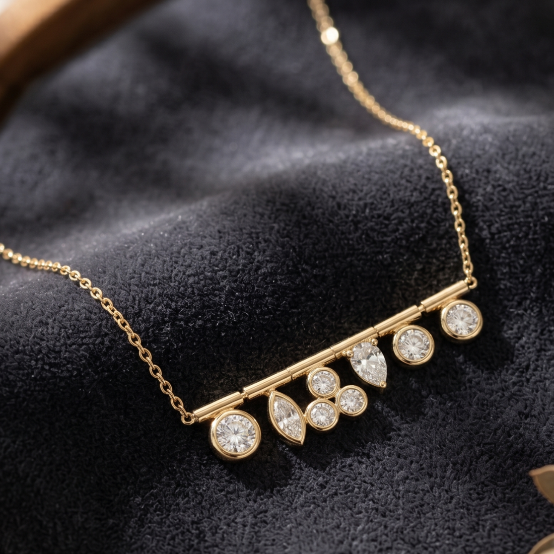 A gold bar necklace with five clear gemstones in graduated shapes, displayed on a textured black velvet surface.