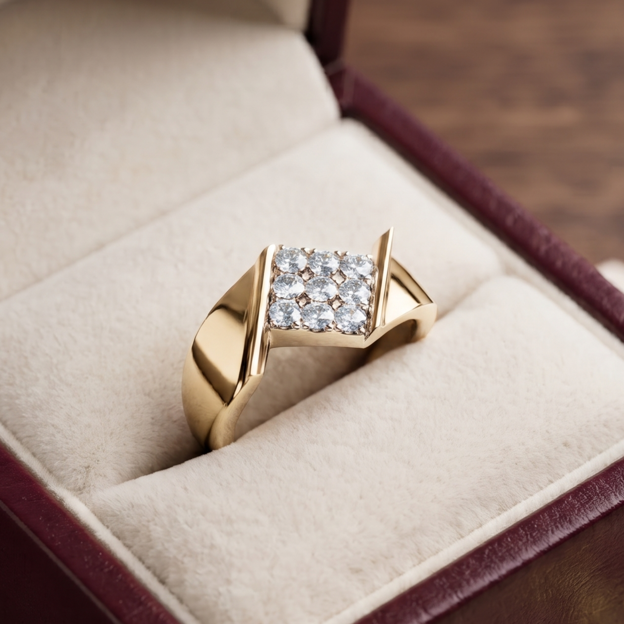 Close-up diamond engagement ring highlighting polished detail and brilliance in studio by Kiashaa Jewellery