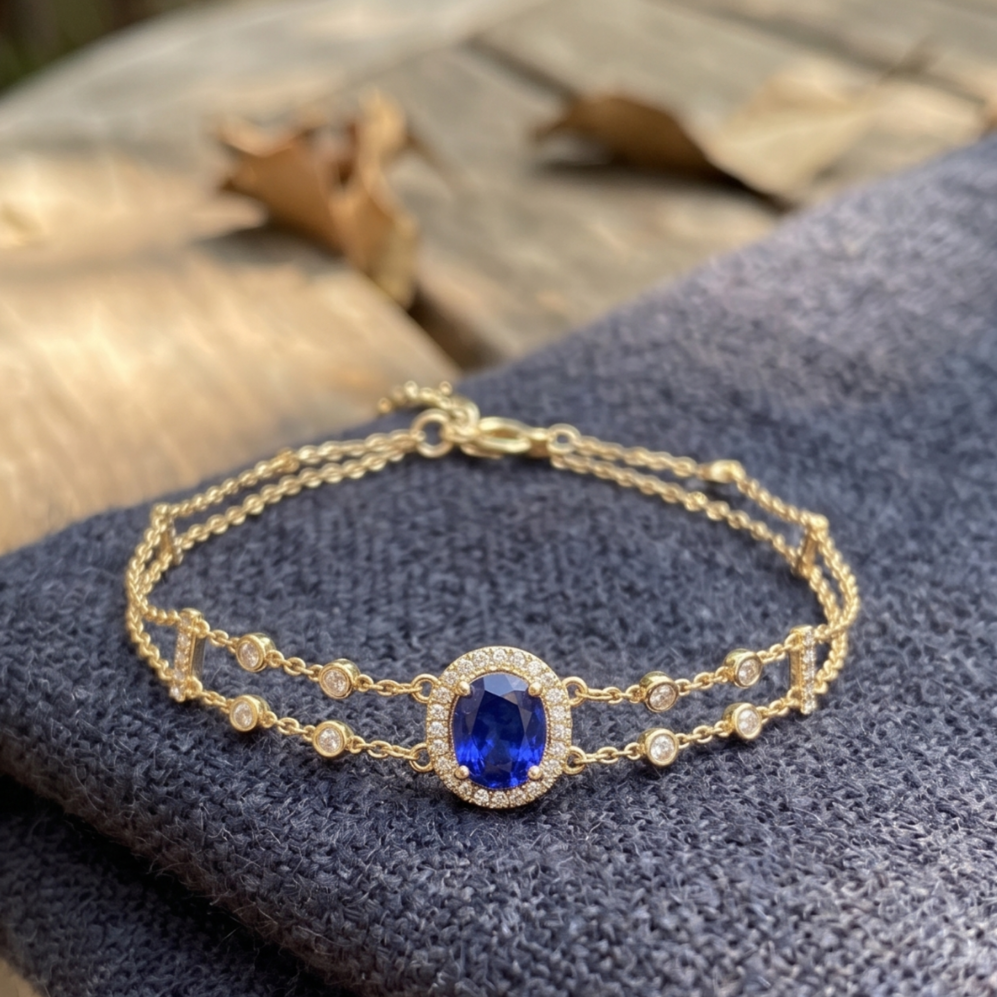 2 CT oval blue sapphire bracelet with diamond halo in yellow gold by Kiashaa Jewellery.