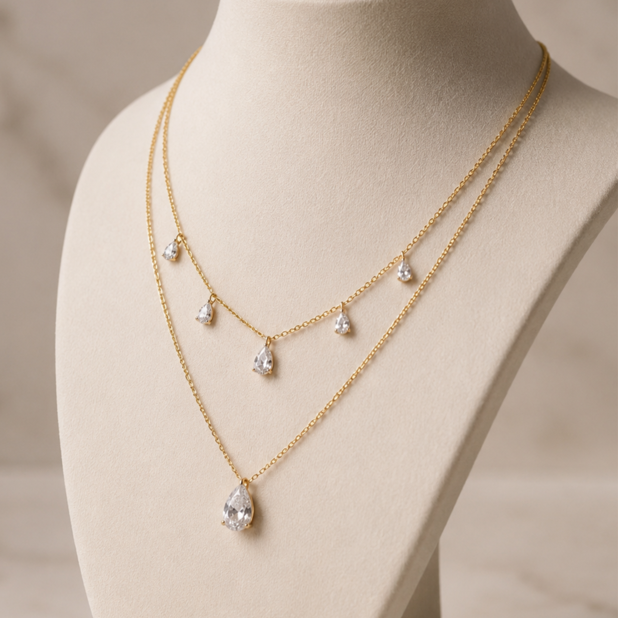 A double-layered gold necklace set displayed on a cream jewelry bust. The set features delicate gold chains with small pear-cut clear crystals on the top layer and one larger pear-cut crystal pendant on the bottom layer.