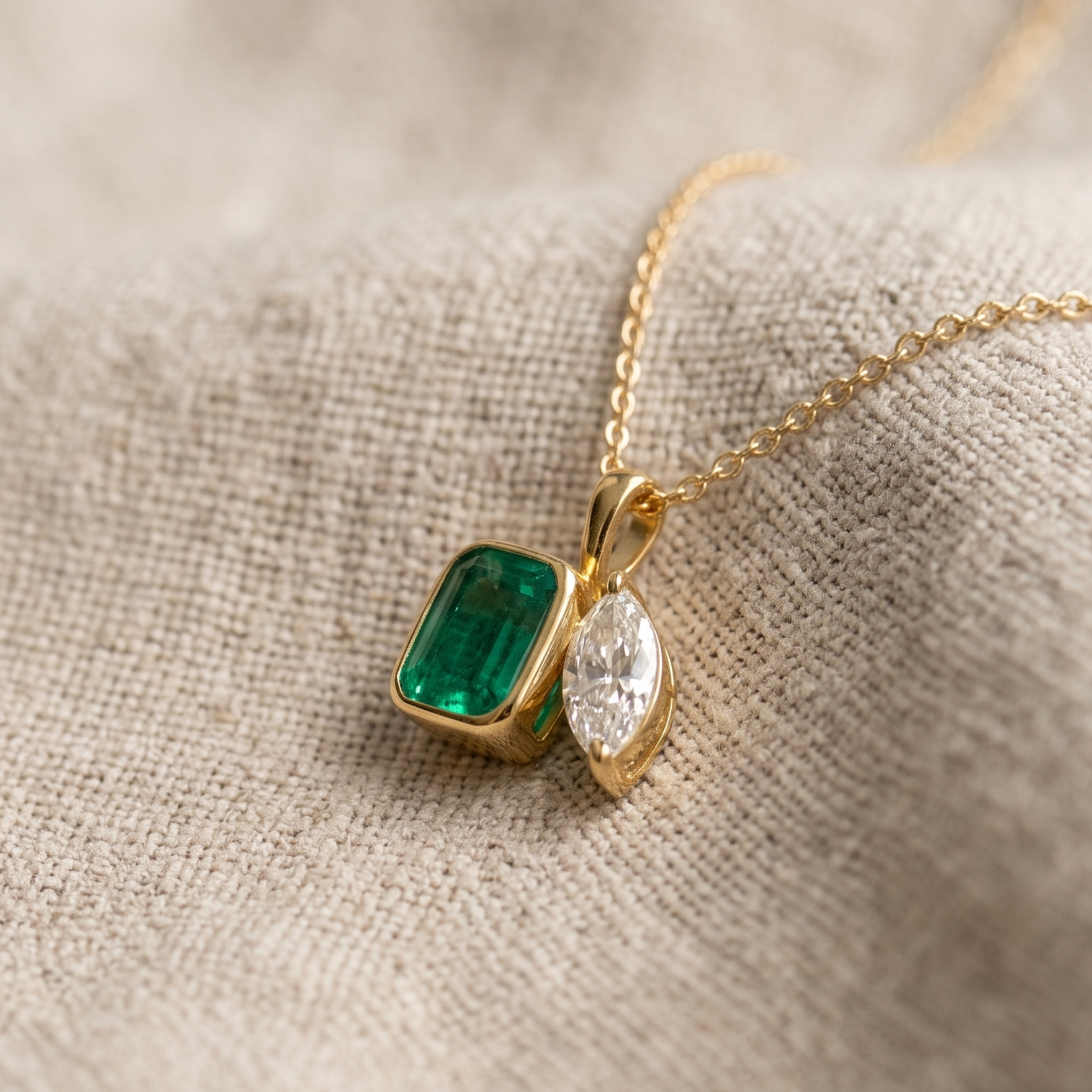 Kiashaa Jewellery 2.91 CTW cushion and marquise pendant necklace in polished yellow gold.