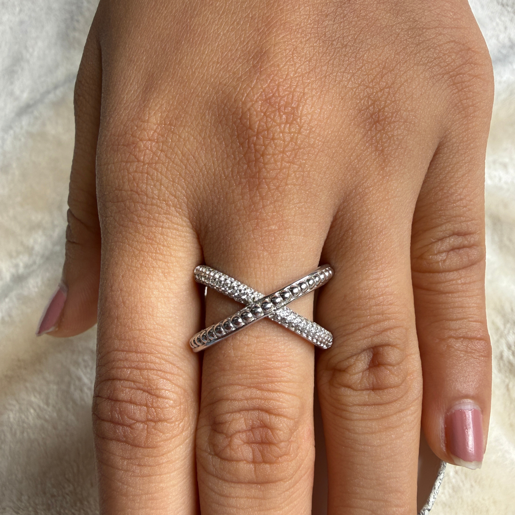 Criss-cross lab-grown diamond X ring in white gold by Kiashaa Jewellery.