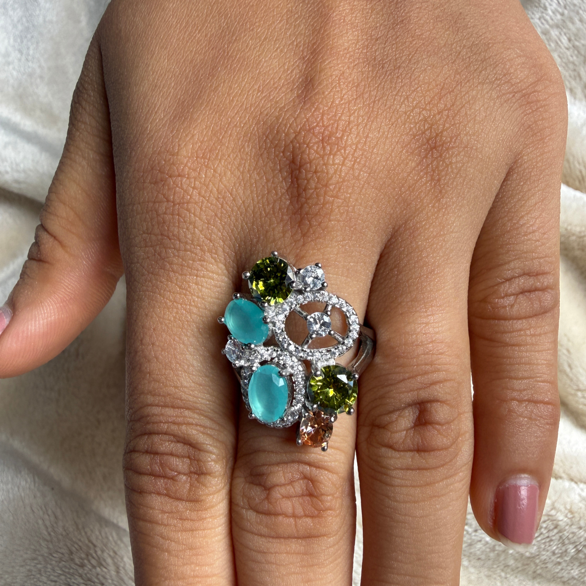 Multicolor gemstone and lab-grown diamond statement ring by Kiashaa Jewellery.