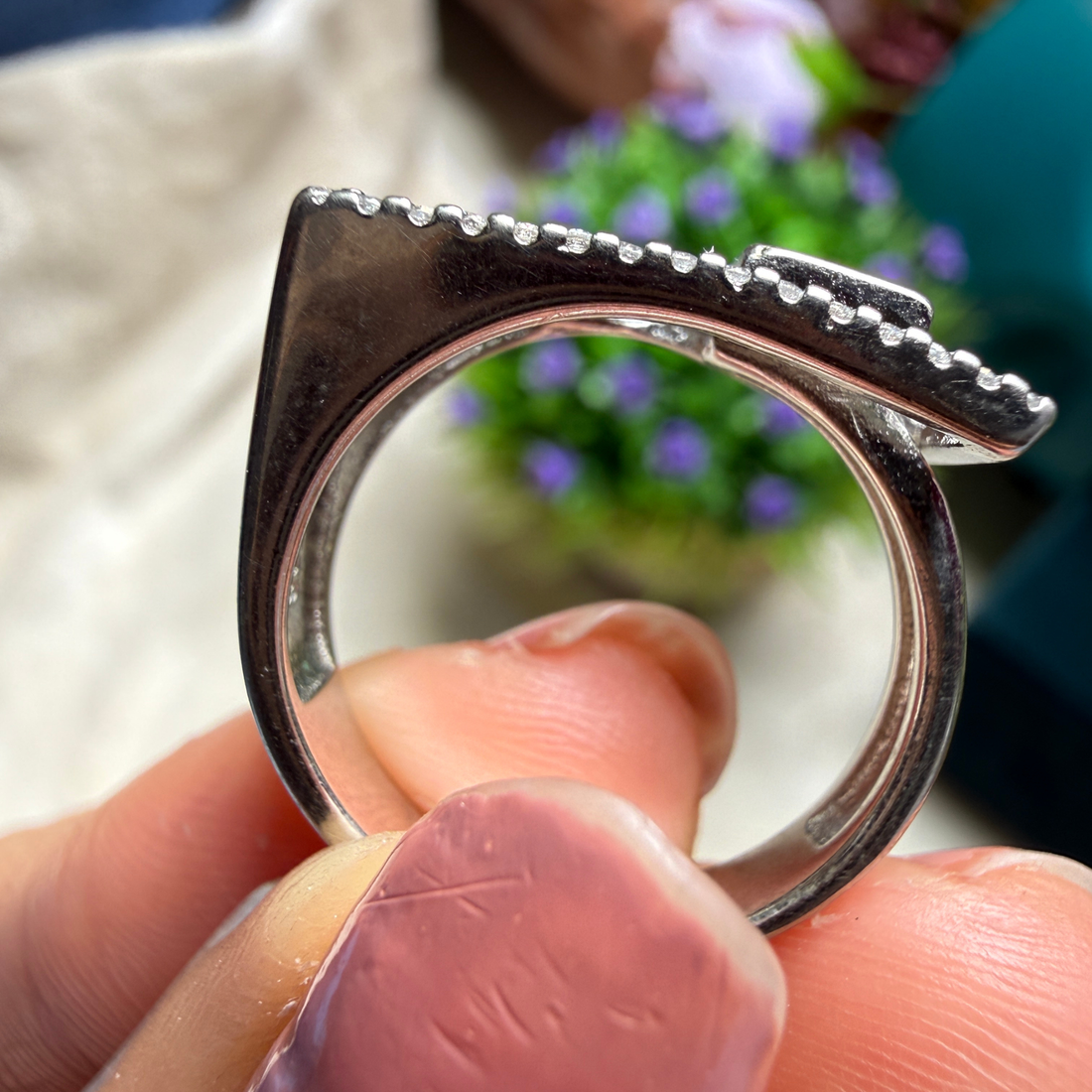 Geometric lab-grown diamond open rectangle ring in white gold by Kiashaa Jewellery.