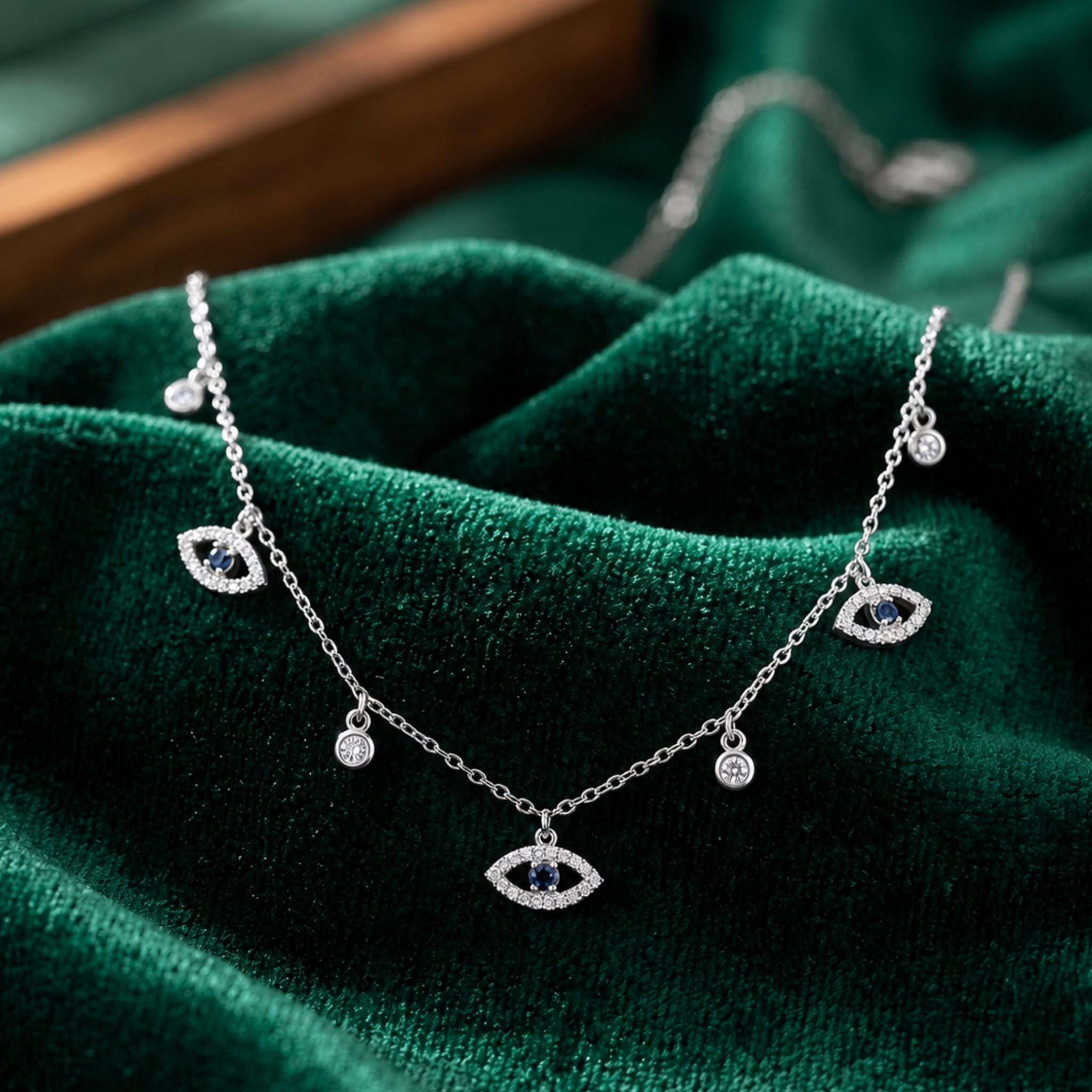 A silver-tone evil eye necklace with blue gemstone details and clear crystal accents, displayed on a draped dark green velvet fabric.