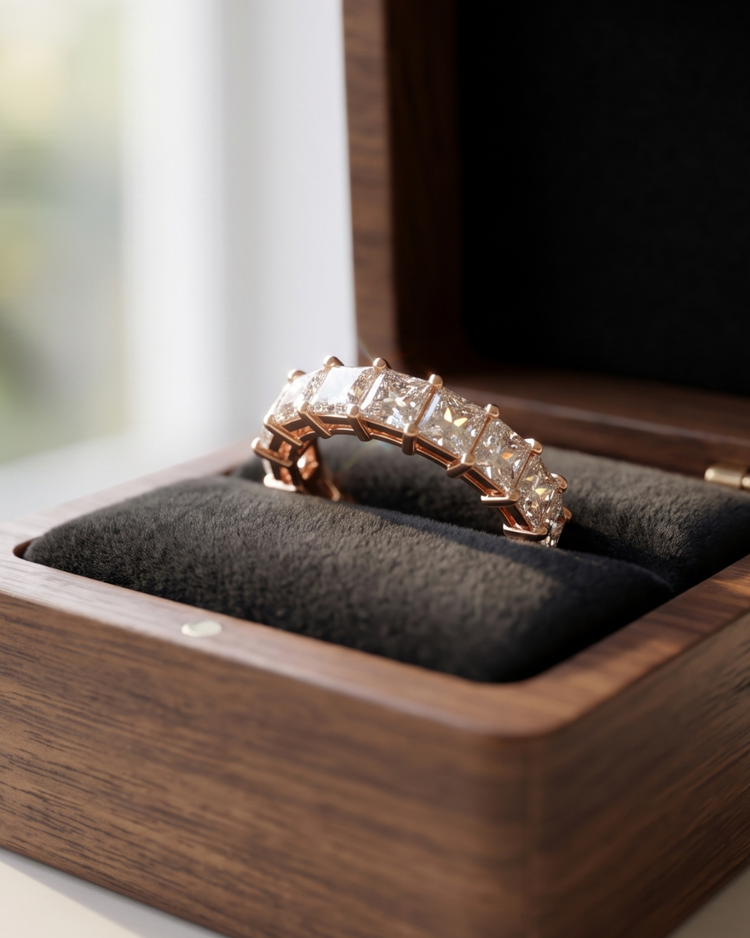 Yellow gold princess-cut lab-grown diamond eternity ring by Kiashaa Jewellery with a refined full circle design.