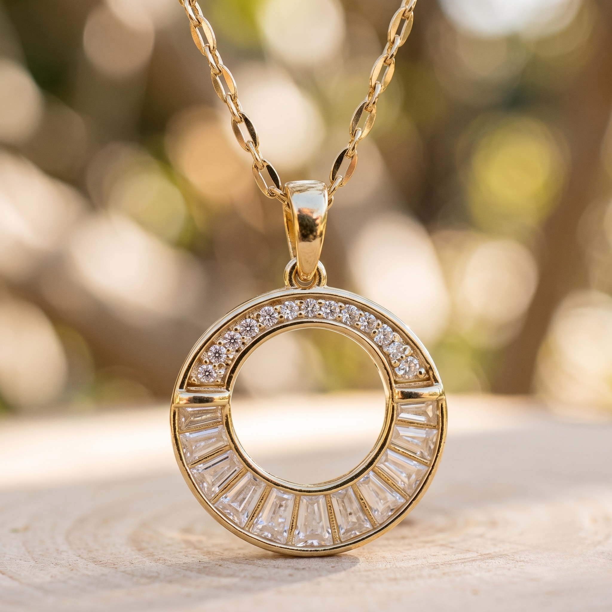 Eternal Halo 1.24 CTW Round & Baguette Diamond Circle Pendant Necklace