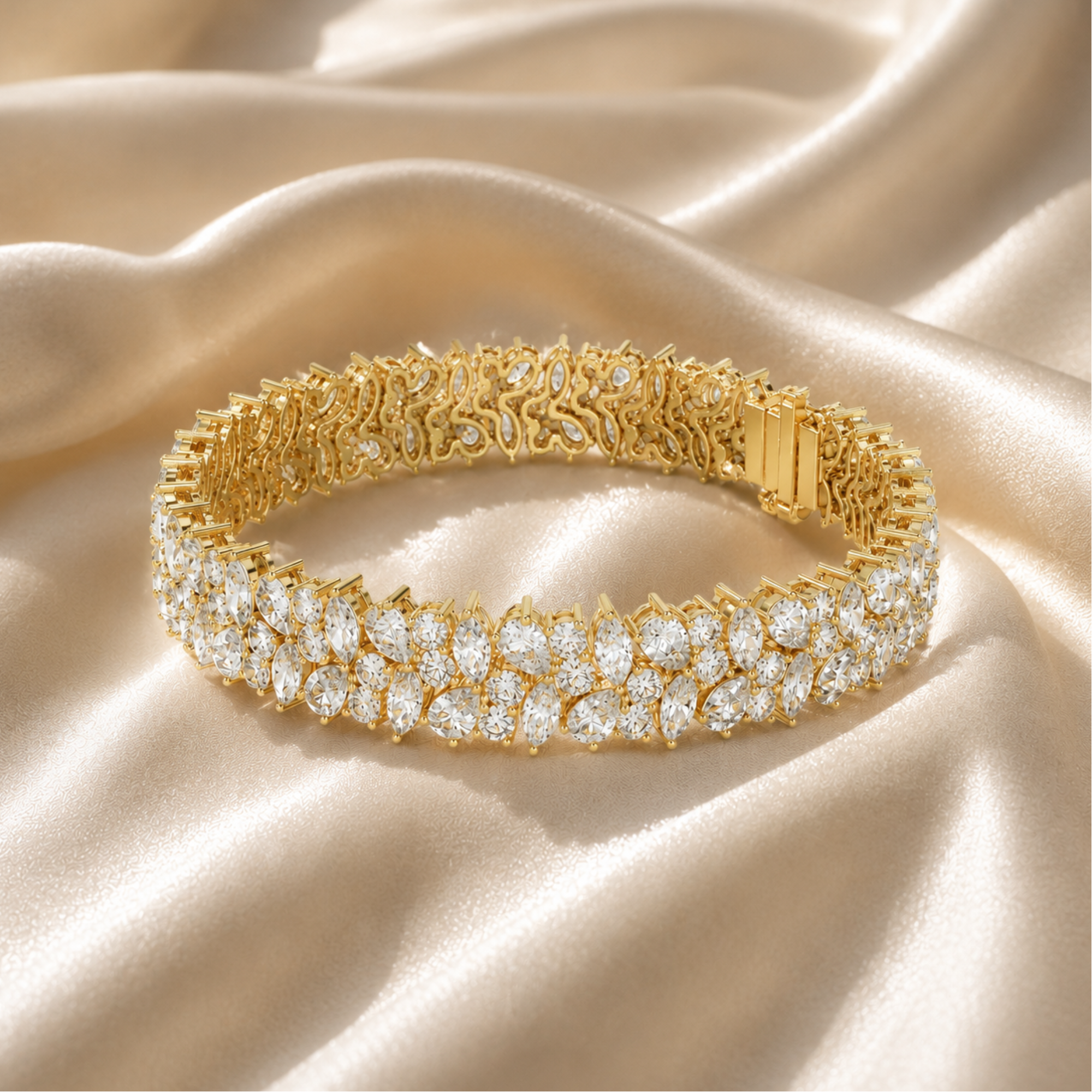 A gold tennis bracelet with sparkling clear gemstones, displayed on a draped beige satin fabric background.