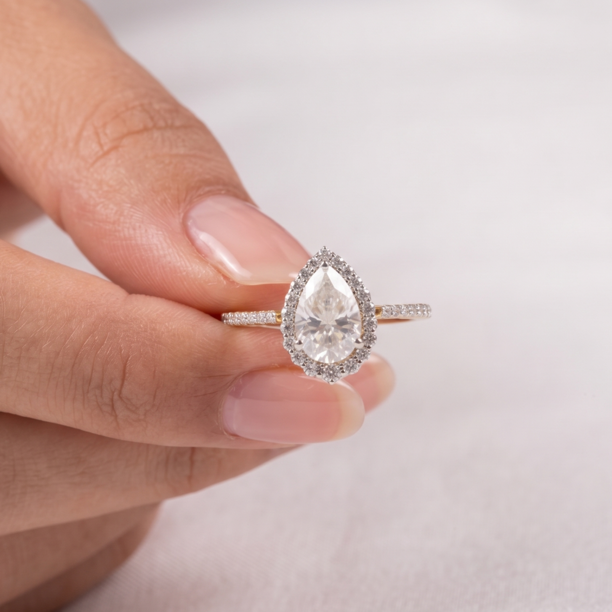 A pear-cut halo ring held between fingers. The ring features a clear teardrop-shaped center stone surrounded by a halo of small clear stones, with a slim pavé band.