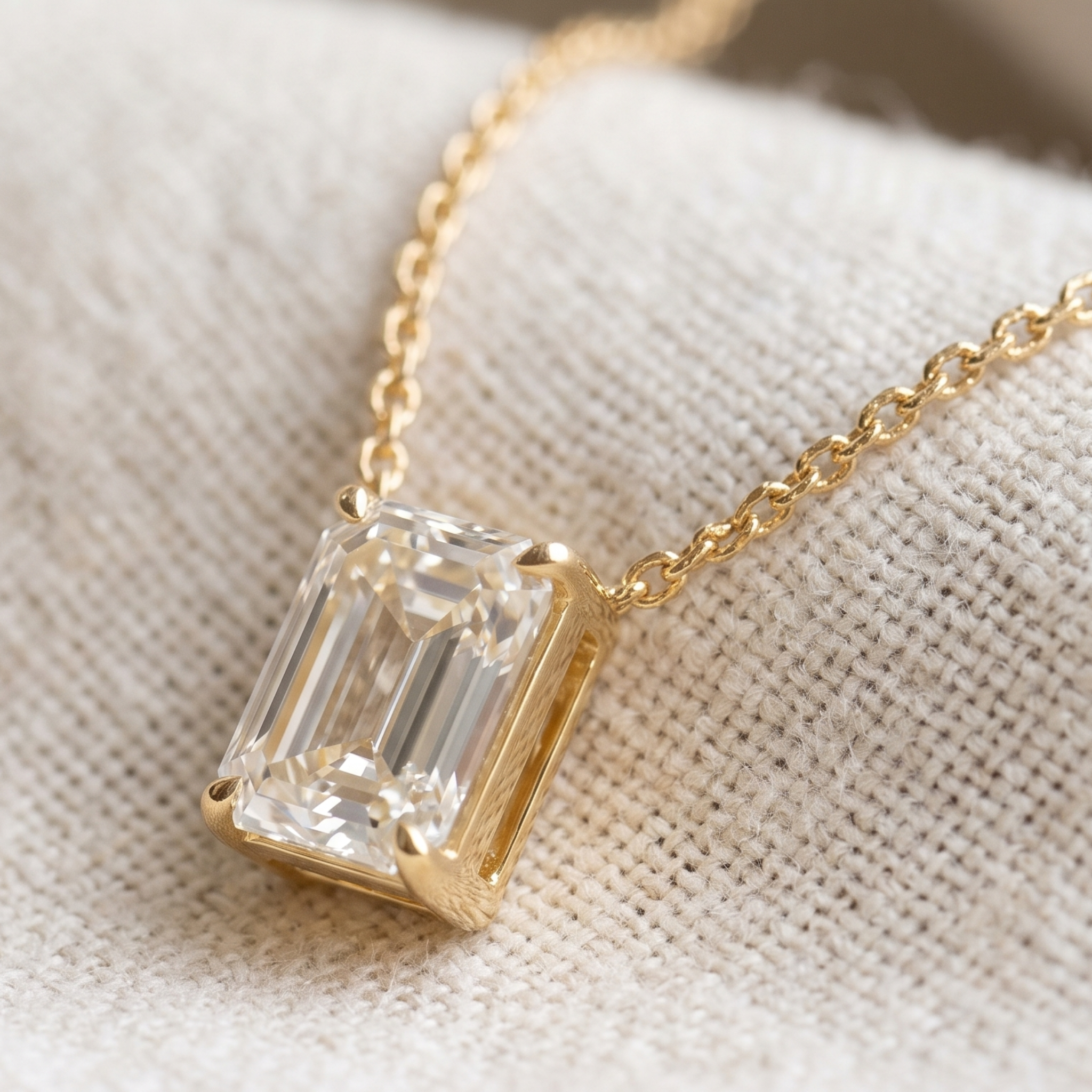 2.58 CT emerald-cut diamond solitaire pendant necklace in polished yellow gold.