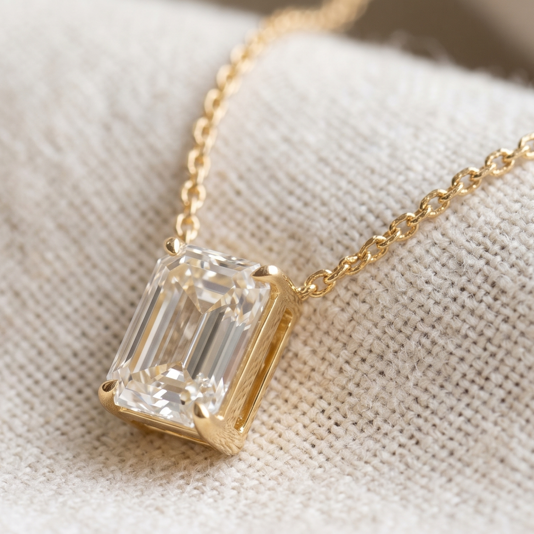 2.58 CT emerald-cut diamond solitaire pendant necklace in polished yellow gold.