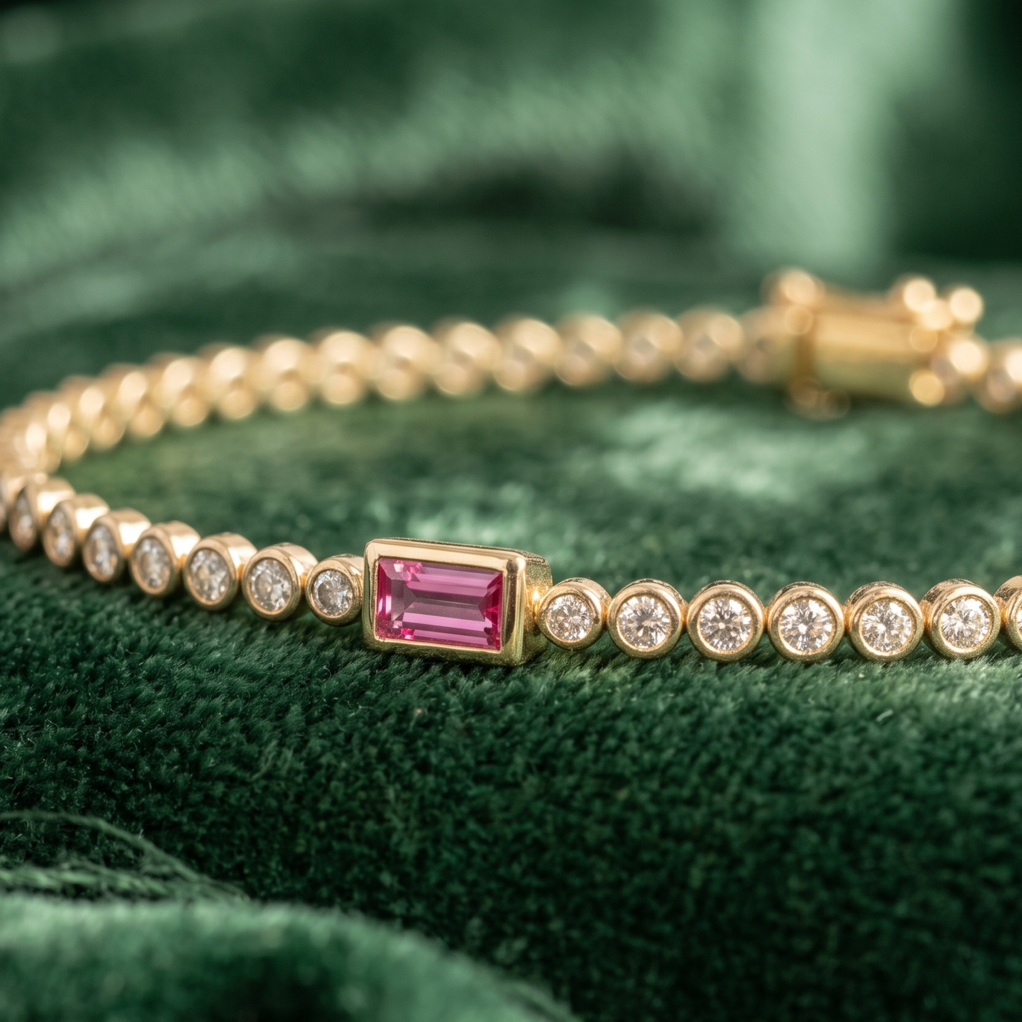 Kiashaa Jewellery 1.75 CTW diamond tennis bracelet with pink baguette center stone in yellow gold.