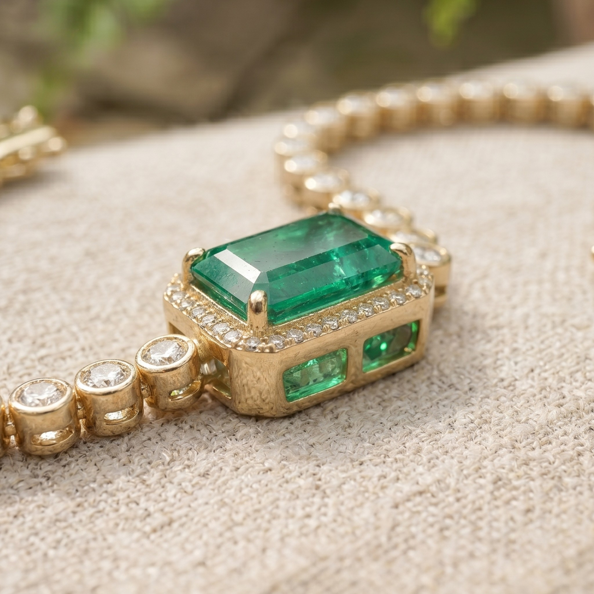 5.00 CT green gemstone and diamond tennis bracelet in yellow gold by Kiashaa Jewellery.
