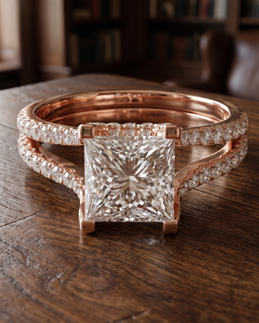 Luxury princess-cut lab-grown diamond ring by Kiashaa Jewellery featuring round diamonds on a split rose gold band.