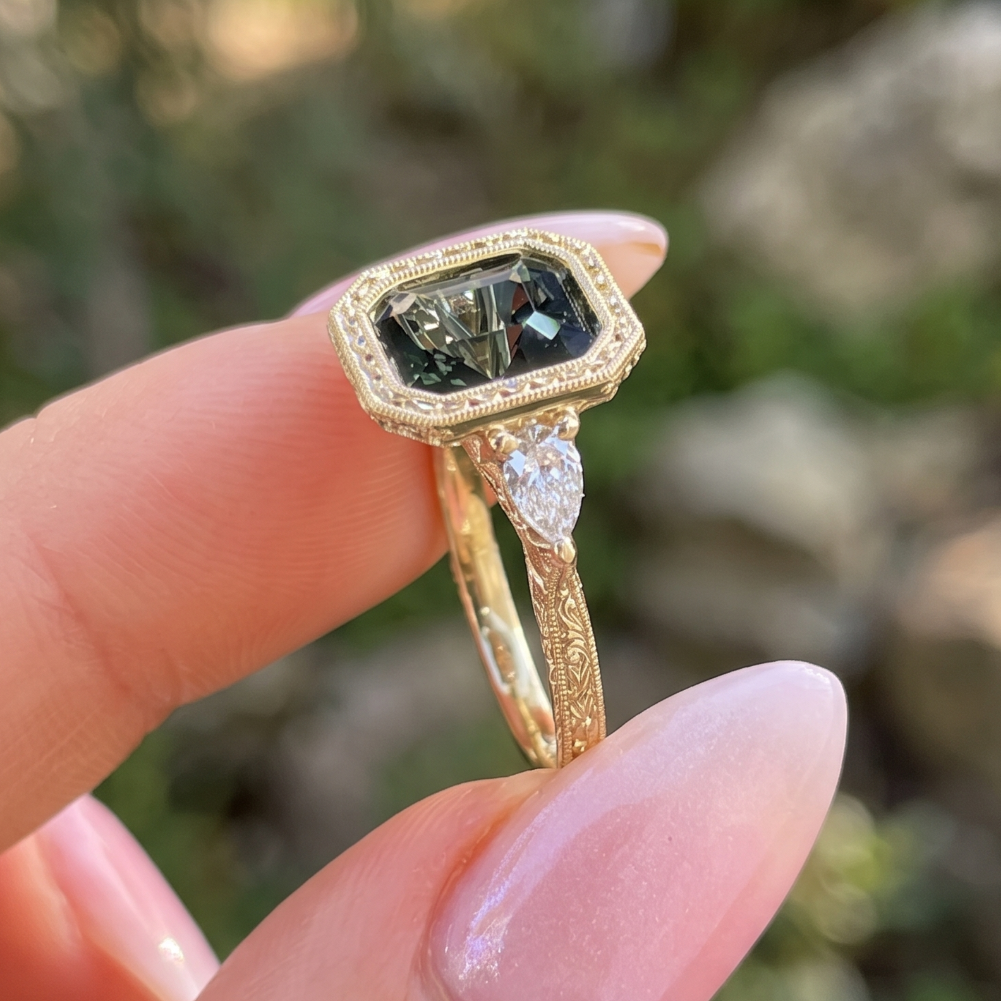 A close-up of a hand holding a vintage-style gold ring with a dark green rectangular emerald-cut center stone and a small pear-cut diamond accent on a blurred outdoor background.