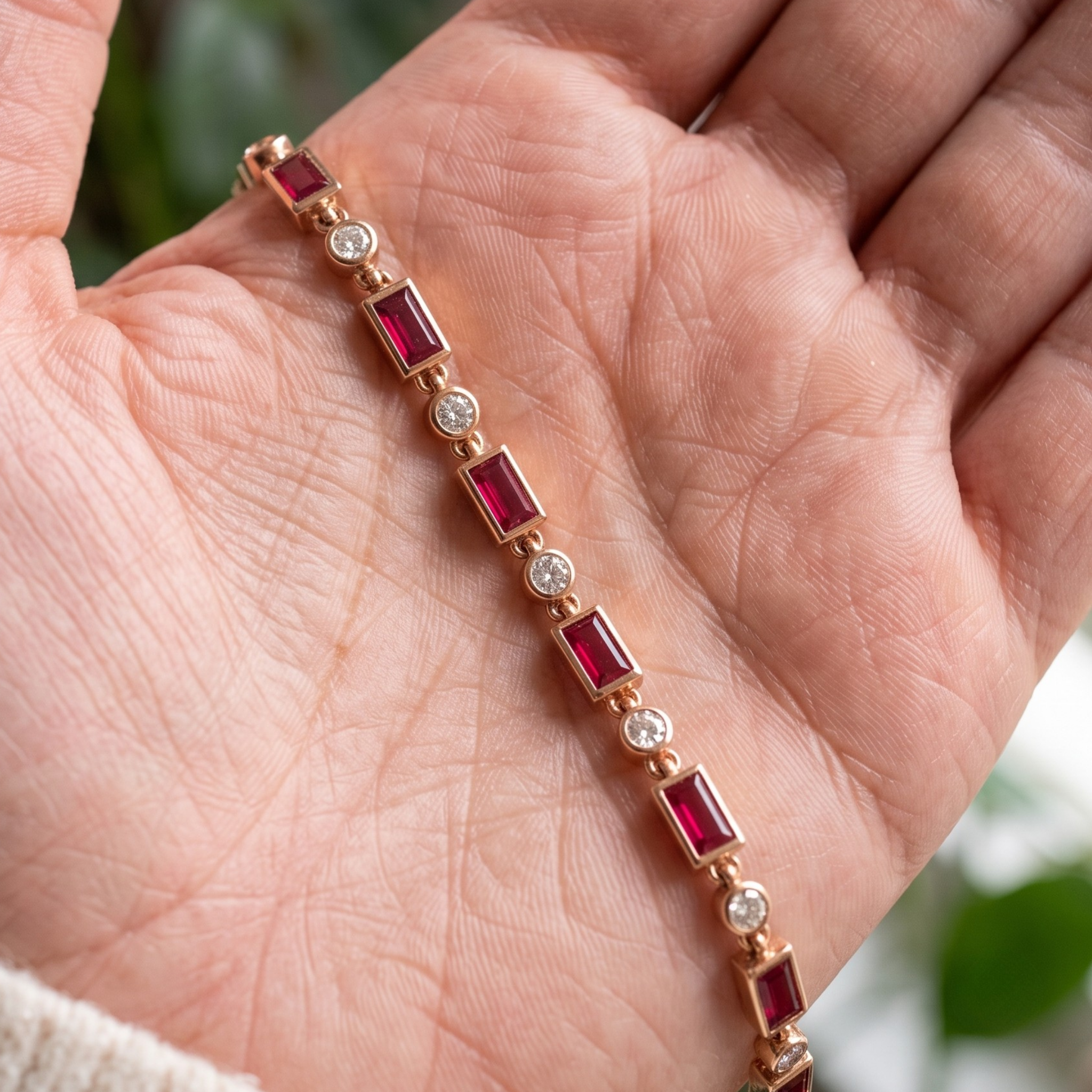 Kiashaa Jewellery 1.91 CTW red baguette and round diamond bracelet in polished yellow gold.