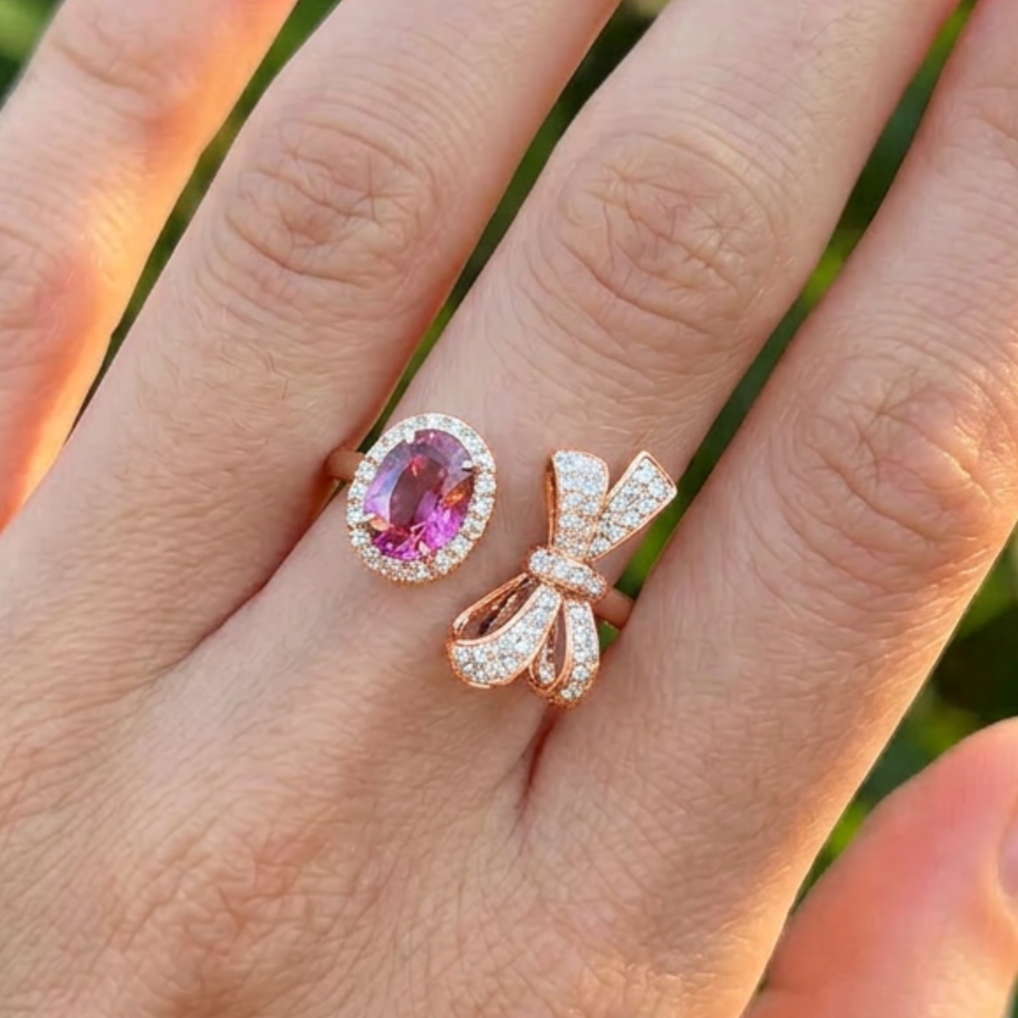 Rosette Bow 3 CTW pink oval diamond open ring by Kiashaa Jewellery in white gold with a bow-inspired diamond design.