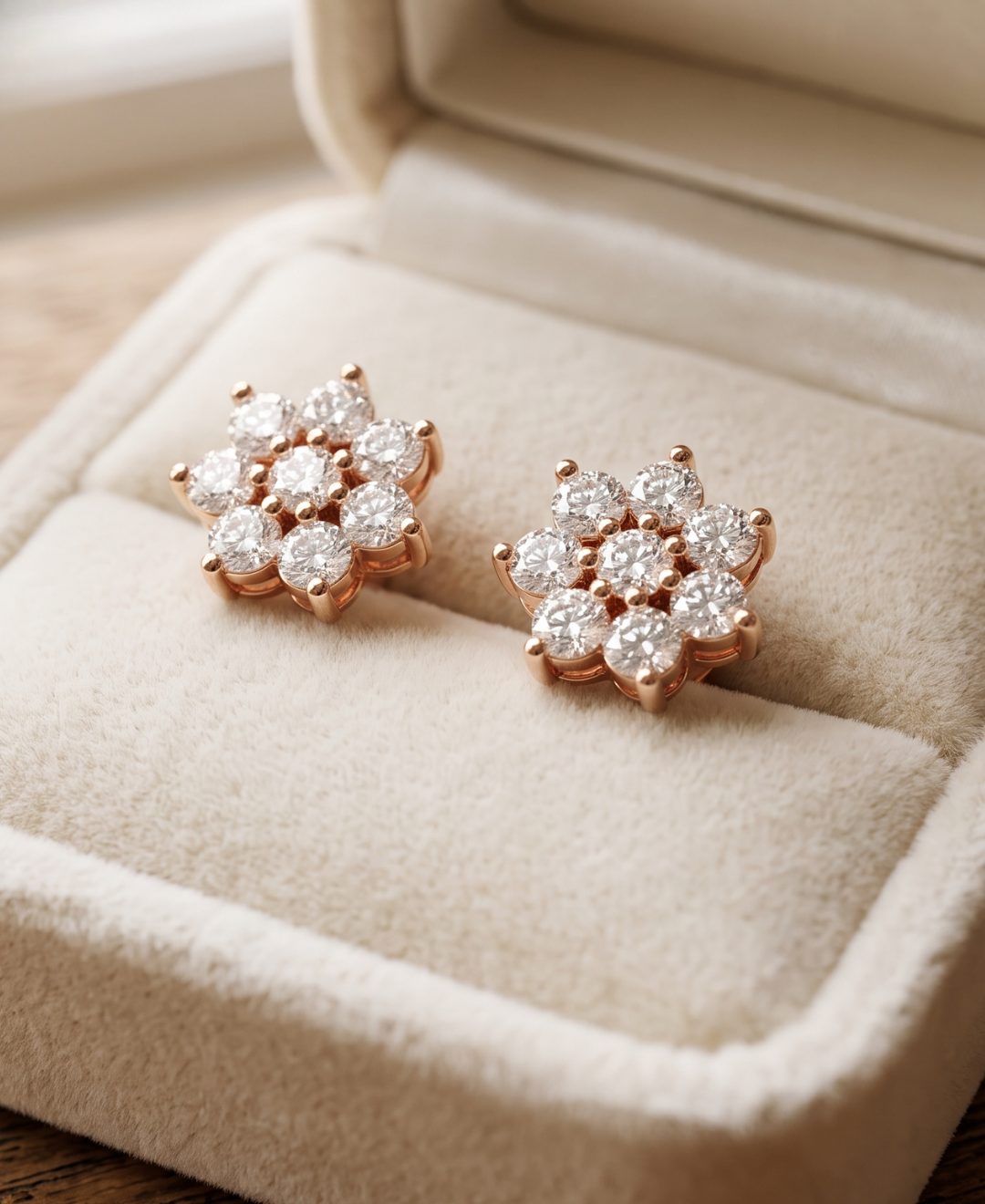 Close-up of round lab-grown diamond floral earrings by Kiashaa Jewellery with polished rose gold prong settings.